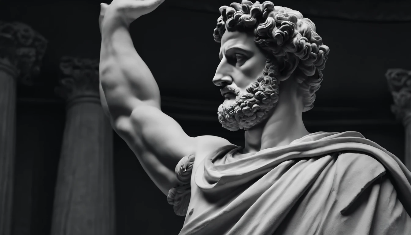 a full-body statue, forte, muscular Stoic Marcus Aurelius in black and white 4K,Face de lado, papel de parede super realista