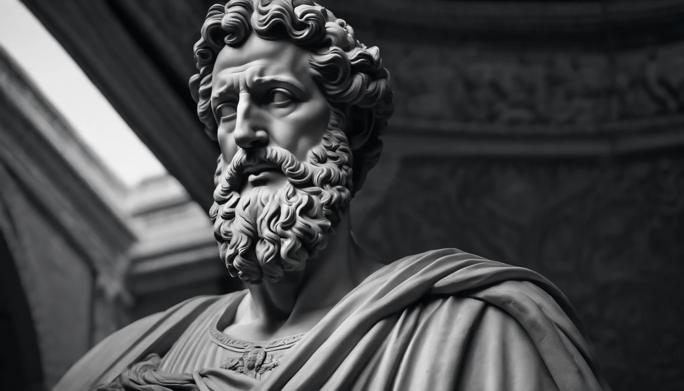 a full-body statue, forte, muscular Stoic Marcus Aurelius in black and white 4K,Face de lado, papel de parede super realista