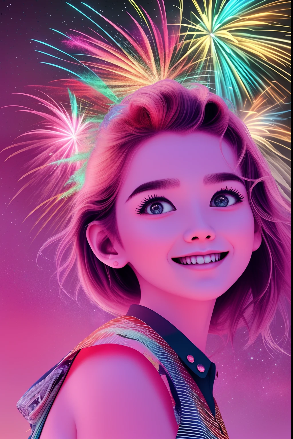 (Fireworks display seen from space)),Fireworks are the main ingredient，A fireworks display beyond imagination，innocent smiles、eye glass、Never seen it、Seven colors,(1girl in, Solo:1.6),(Cute smile),(The clothes are simple), (Best Impact:1.5), (Maximalism:1.7), Vivid Contrast, (Realistic), Hyper-realistic illustration, A high resolution, ultra - detailed, absurderes,(Fractal art:1.3)、Random hairstyle、Random hair colors are colorful、full body shot of、Retro、Precise focus、randome pose、cinema4d、Drama