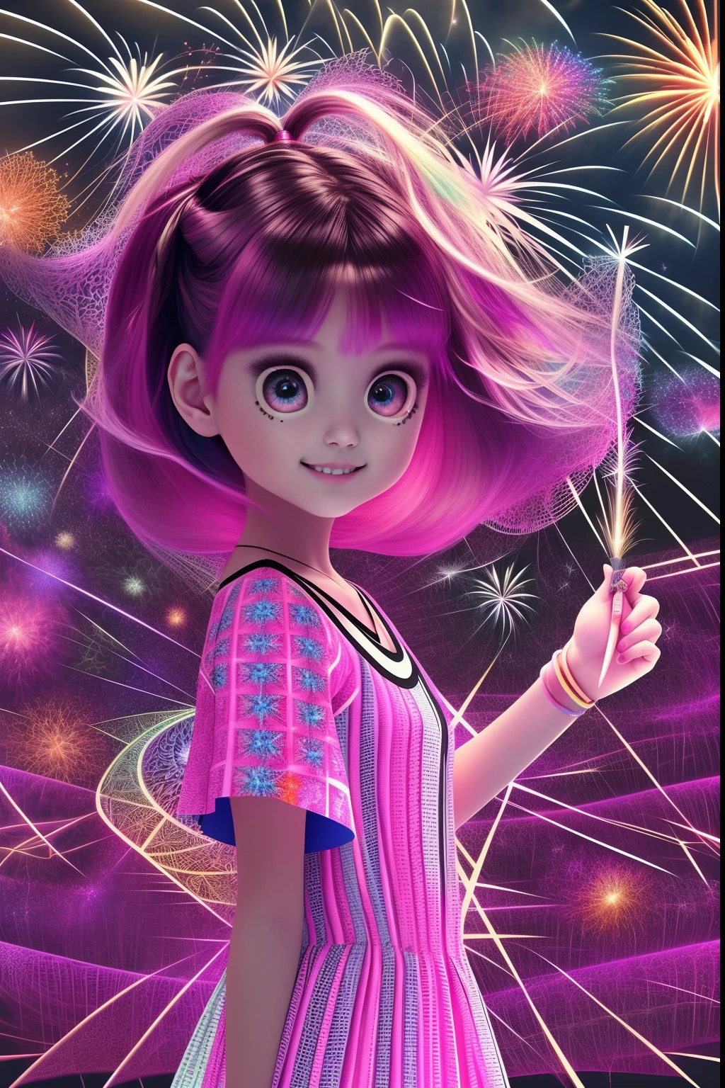 (Fireworks display seen from space)),Fireworks are the main ingredient,A fireworks display beyond imagination,innocent smiles、eye glass、Never seen it、Seven colors,(1girl in, Solo:1.6),(Cute smile),(The clothes are simple), (Best Impact:1.5), (Maximalism:1.7), Vivid Contrast, (Realistic), Hyper-realistic illustration, A high resolution, ultra - detailed, absurderes,(Fractal art:1.3)、Random hairstyle、Random hair colors are colorful、full body shot of、Retro、Precise focus、randome pose、cinema4d、Drama