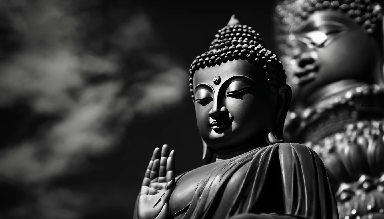 a portrait statue of buddha in black and white 4K,corpo todo ,corpo inteiro, forte,musculoso,sem camisa papel de parede super realista