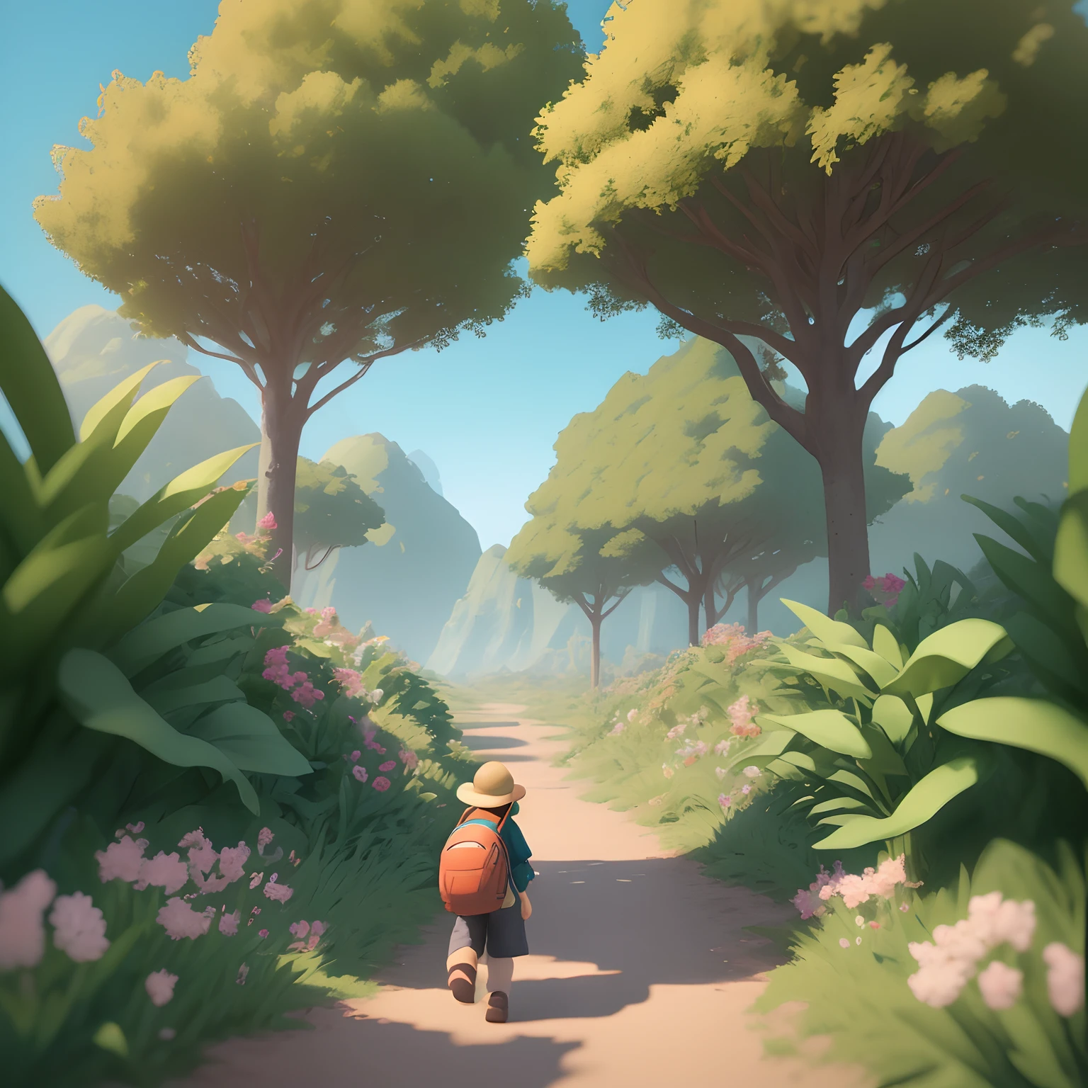 There is a poster,Above it is an explorer Nintendo Mario wearing a hat and backpack,Walk in the wilderness,Jungle of flowers and plants,Animation-style rendering,Unreal Engine5,Stylized anime,Cute and detailed digital art,Atey Ghailan 8 K,Stylized 3D rendering,adventure hyper realistic render,Anime style 3D,Semi-thick paint illustration style。