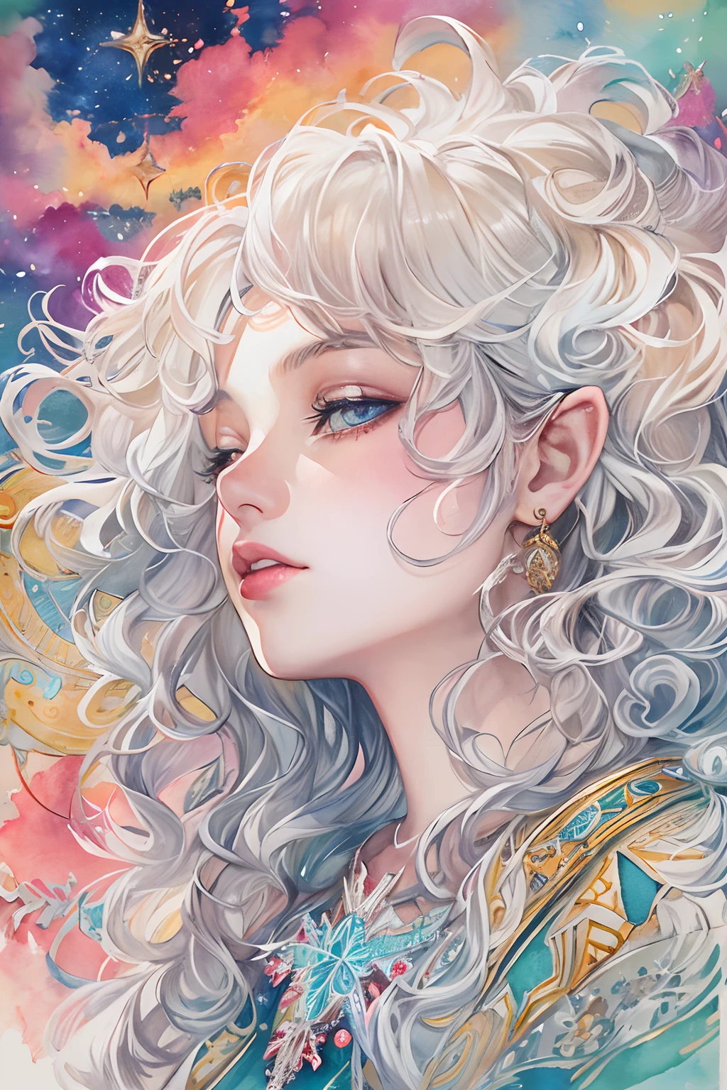(tmasterpiece、top-quality、top-quality、watercolor paiting(curly)、offcial art、aestheticly pleasing:1.2)、(1girl in:1.3)、(Fractal art:1.3)、The upper part of the body、From the side Side、looking at viewert、patterns、(colorfulhair、Half-blonde,Half of the hair is silver:1.2)、Eau、liquids、clouds、Extremely colorful、starrysky、stone monument、tarot cards,the elf,lipsticks,Ruddy complexion,