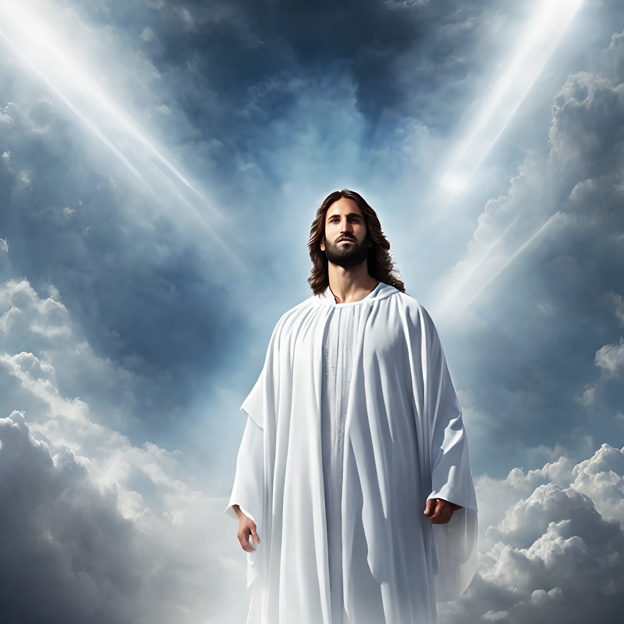 Jesus Christ in humble white clothes in the clouds toward the gates of heaven, insanely realistic with rays of light on his face
