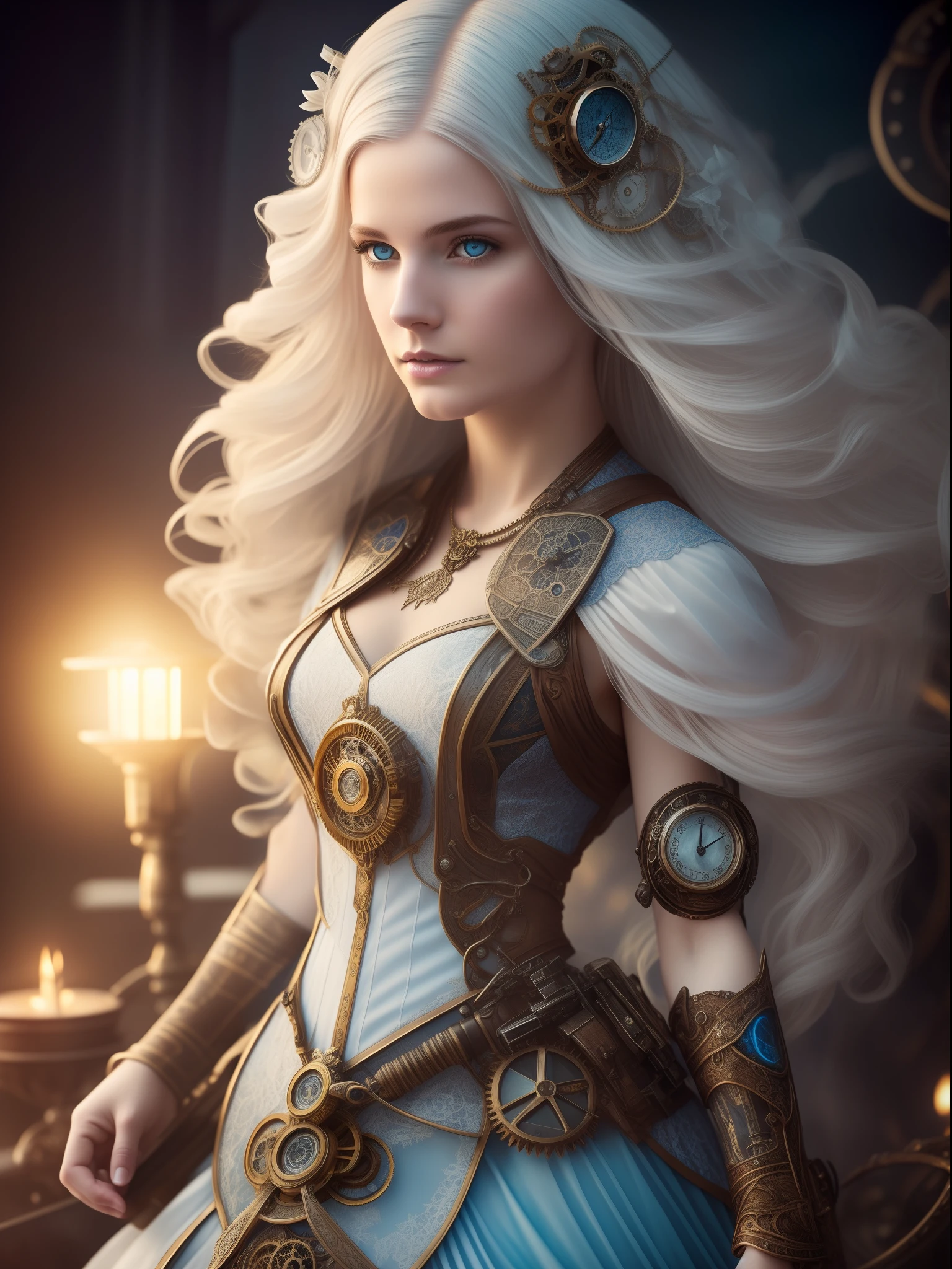 Erin Moriarty, photorealistic beautiful woman, light hair, full body, detailed perfect eyes, cover, hyperdetailed painting, luminism, 4k resolution, WLOP, realistic steampunk, fractal isometrics details bioluminescens : a stunning realistic photograph 25 years, white platinum hair, octane render, intricately detailed, cinematic, Centered hipereallistic cover photo, awesome full color, dark atmosphere, cinematic, white and blue exotic dress, blurred steampunk background