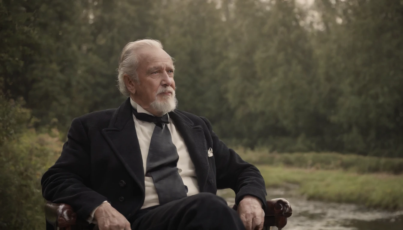 Old gentleman with a goatee,sit on chair,Eyes look at boots,Black high-gloss rain boots, 8K分辨率,Wallpaper masterpiece,Best quality,digitial painting,Highly meticulous,Ultra high quality