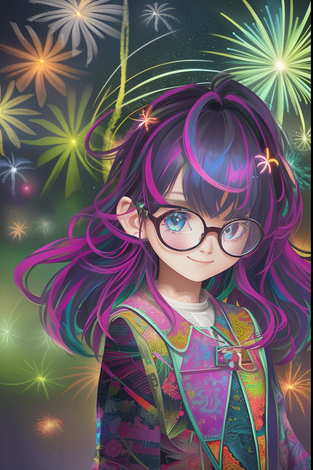 (Fireworks display seen from space)),Fireworks are the main ingredient,A fireworks display beyond imagination,innocent smiles、eye glass、Never seen it、Seven colors,(1girl in, Solo:1.6),(Cute smile),(The clothes are simple), (Best Impact:1.5), (Maximalism:1.7), Vivid Contrast, (Realistic), Hyper-realistic illustration, A high resolution, ultra - detailed, absurderes,(Fractal art:1.3)、Random hairstyle、Random hair colors are colorful、full body shot of、Retro、Precise focus、randome pose、cinema4d、Drama