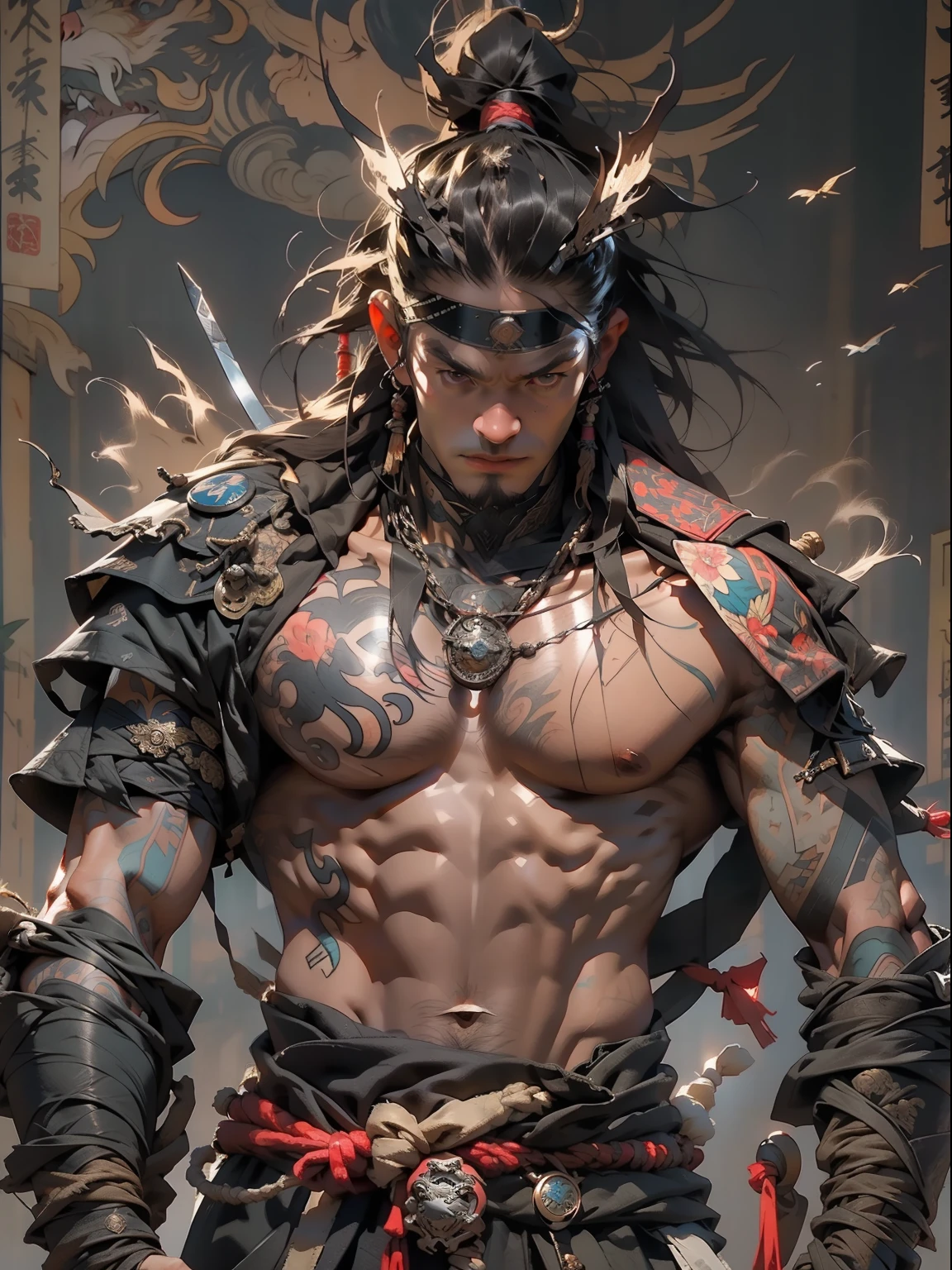 (((mtu))), (((best qualityer))), (((tmasterpiece))), (((AS-Adult))), ((( Japanese ))), Look up from your knees, Handsome Asian samurai,perfect body figure, Modern samurai, ((( Asian))), Wear gloves on your hands,The left arm is made of steel and metal tips,Made of protective devices, The eyes are pulled, (( Appears below the chest )), (( Small dental floss )), Simon Bisley, Almost naked(Simon Bisley)Castle City Wilderness,For high-resolution posters, hair straight, Minimum clothing, armure (Crazy clothes ), Full of tips and rivets, tribal tattoos, (((full bodyesbian))), Straight brunette hair,Colored hair ends
