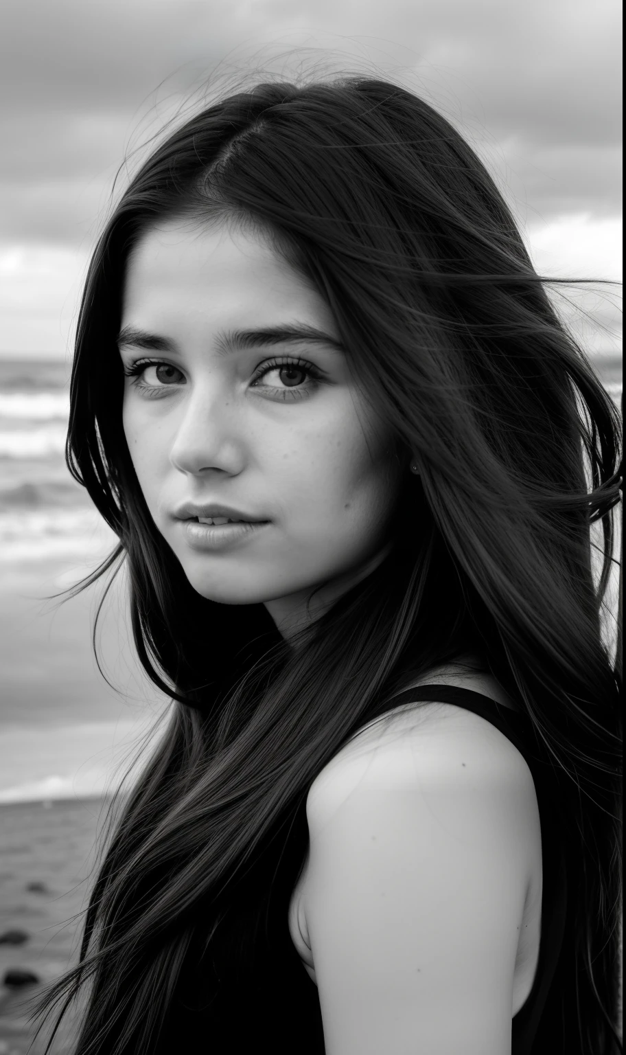 black and white photo of a girl in black clothes, very long hair, face, half body, body, highly detailed skin, skin pores, coastline, cloudy weather, wind, waves, 8k uhd, Dslr, soft lighting , high quality, film grain, Fujifilm XT3