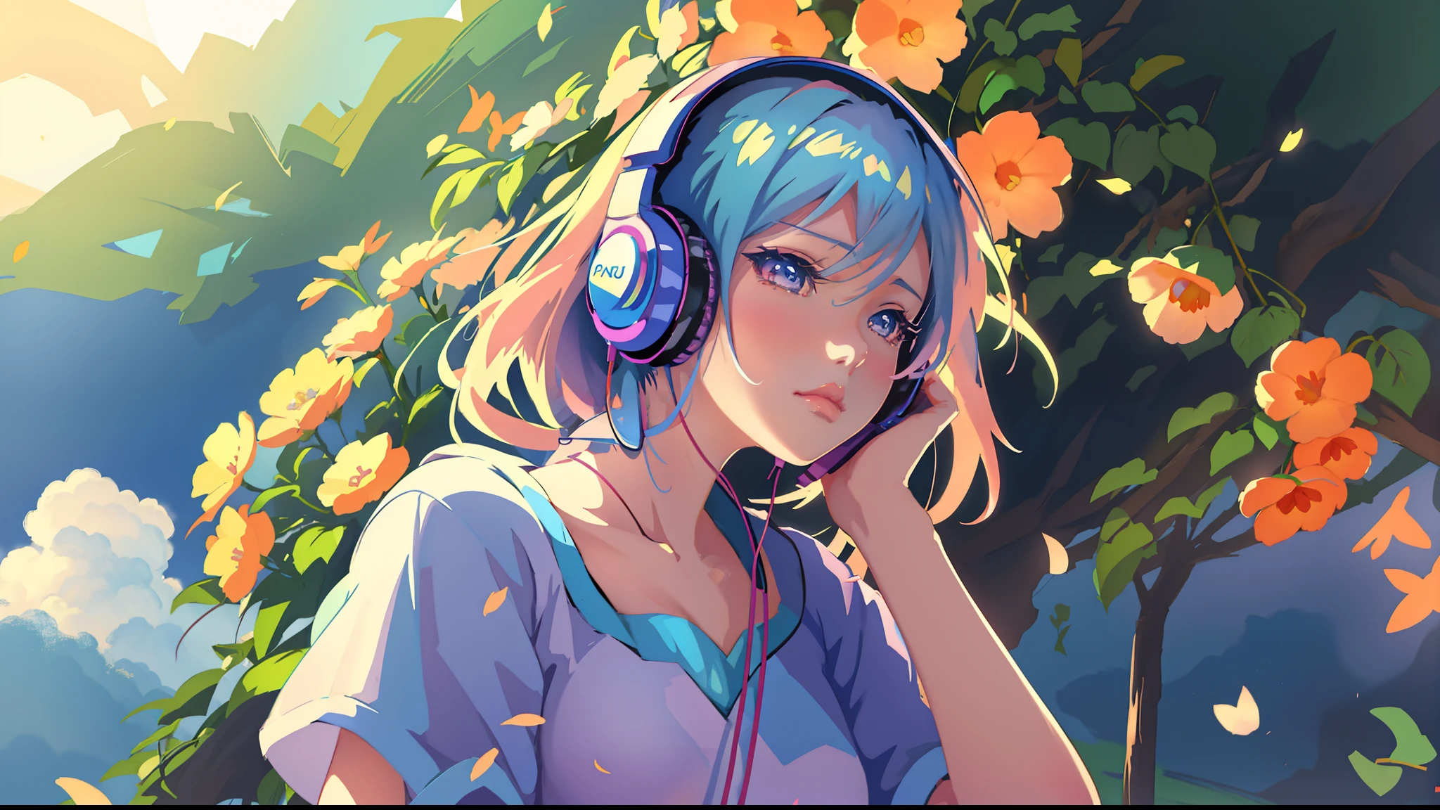 anime girl listening to music with headphones and flowers in the background, anime style 4 k, nightcore, beautiful anime portrait, anime vibes, beautiful anime style, beautiful anime girl, anime style. 8k, high quality anime artstyle, digital anime art, anime style portrait, portrait anime girl, with headphones, anime style artwork, pretty anime girl, anime girl