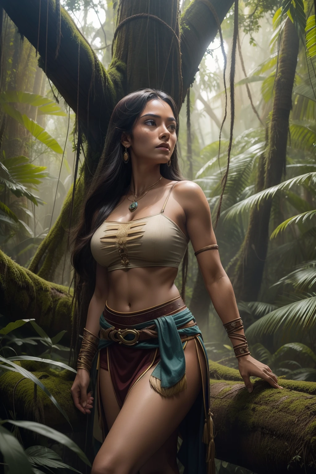 Pocahontas, Apparition of Pocahontas, His face leaned against the tree as if his forehead touched the tree, rosto para baixo, face down, Matching tunic outfit from Disney's Pocahontas, cabelos pretos longos, Connection with Nature, Tap the tree, in connection with the tree (ancient ruin:1.1),Mulher aventureira, (Evite armadilhas:1.1),  cabelo amarrado, matas densas, subtropical, MACHETE, treasure hunter, Fuji Filmes, F/1.2, (16 mil, 8k, Concedido, best quality, alta resolução, detalhes altos, super detalhe, anatomicamente correto, pele texturizada, masutepiece:1.4, NFFSW),Manchas de lama de corpo inteiro,olhar robusto,(Feeling of nervousness and euphoria:1.2),A scene from an action movie,Banho no Rio Amazonas,Poses em movimento,Action Actress,Scratches