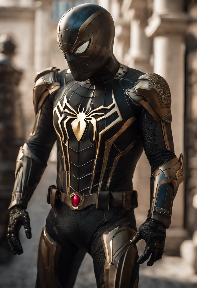 full body shot of spiderman in white and gold armour style suit, no mask on, white cape, looking at center camera, perfect composition, beautiful detailed intricate insanely detailed octane render trending on artstation, 8 k artistic photography, photorealistic concept art, soft natural volumetric cinematic perfect light, chiaroscuro, award - winning photograph, masterpiece, oil on canvas, raphael, caravaggio, greg rutkowski, beeple, beksinski, giger, trending on artstation, sharp focus, studio photo, intricate details, highly detailed, night city background, by greg rutkowski