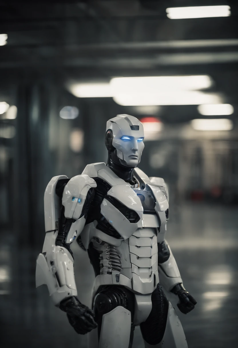 Portrait, White Superman from DC, biomechanical, complex robot, full growth, hyperrealistic, insane small details, extremely clean lines, cyberpunk aesthetic, masterpiece featured on Zbrush Central, gothic brutalist cathedral, cyberpunk, award-winning photo, bokeh, neon lights, cybernetic limb