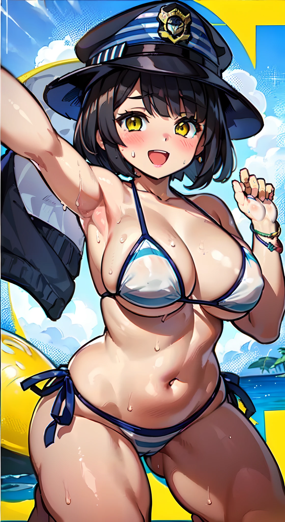 (Perfect body),Best Quality,(8K Portrait),(Official art)、(Police Hat)、embarrassed from、(:D)、(((blush))),(Sweat),((((large udder))))、((Big ass))、(Dark hair),((bob cuts)), blush,Short hair, (Yellow eyes),(((thick thighs)))、(((Navy blue striped bikini)))、(the beach)、Raising arms、Armpits、spreading legs、Kneeling、Dynamic Angle