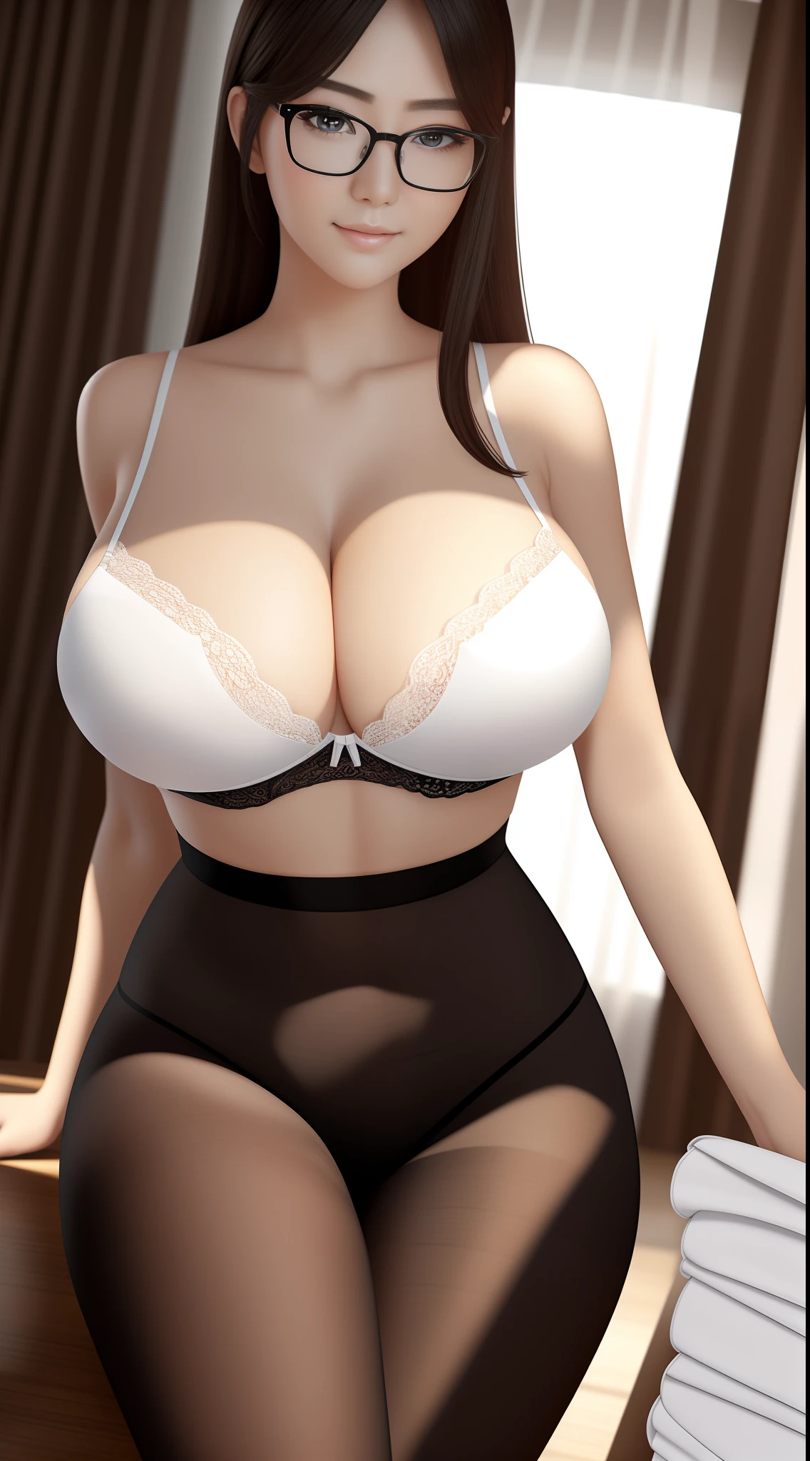 Photography of a beautiful girl,详细的脸,Ultra-realistic 8k CG,s the perfect face,flawless perfection,(best qualtiy,tmasterpiece:1.2),ultra - detailed,(photograph realistic:1.4),Super meticulous(Photorealsitic),Best quality, 超高分辨率, (Photorealistic:1.4), Red-rimmed glasses,lacepantyhose,woman model,office lady uniform,Office wear,black lence stockings,Woman opening her legs,Clothes melting,White bra,torn laundry,extremely giant breasts,Arms behind your back,Cool,ssee-through,