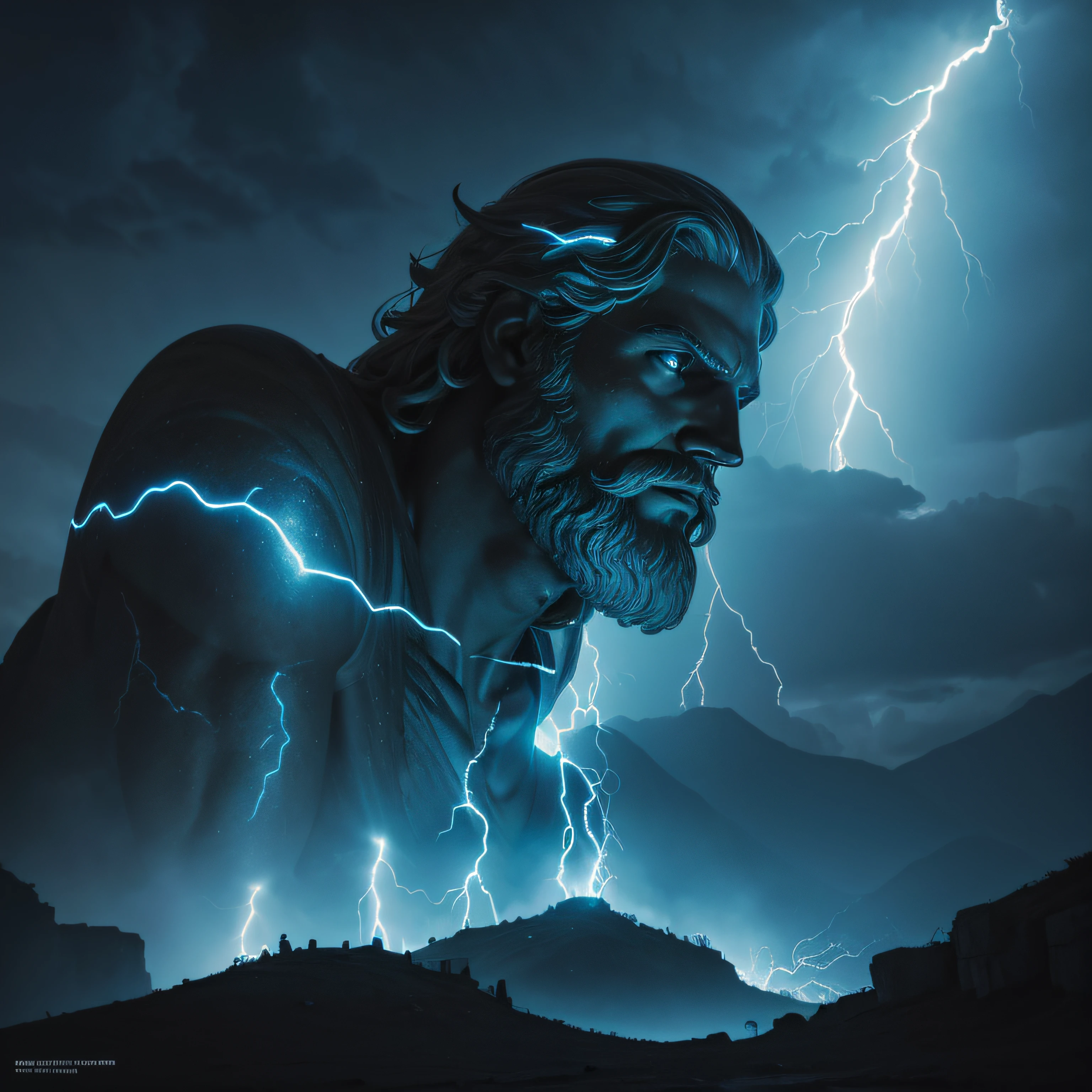 (neon lightning around the head:1.1), monumento, (Head Close-up), epic scene of zeus, lightnings, foco nítido, fantasia, arte conceitual, dynamic  lighting, Epic composition, estilo Michelangelo