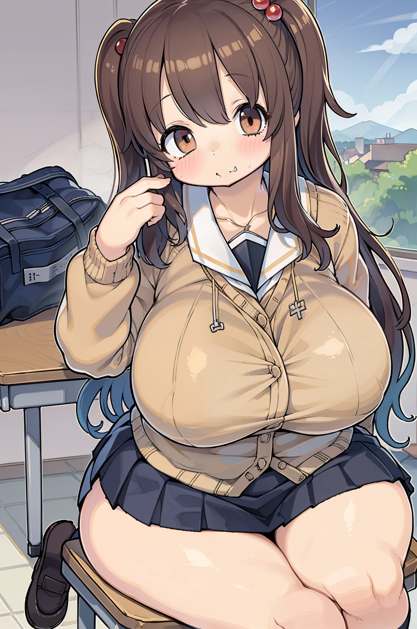 ((masutepiece, Best Quality)),Best aesthetic,1girl in, School uniform, desk work, Sitting, School Desk, Brown hair, crass room, Long hair, Indoors, Chair, Looking at Viewer, :P, Solo Focus, Brown eyes, Skirt, Long sleeves, Pencil, 1 boy, pencil case, paper, black serafuku, Multiple girls, Pleated skirt, Sailor collar, Bangs, head rest, School bag, school chair,huge-breasted、bbw、thick thight、big butts