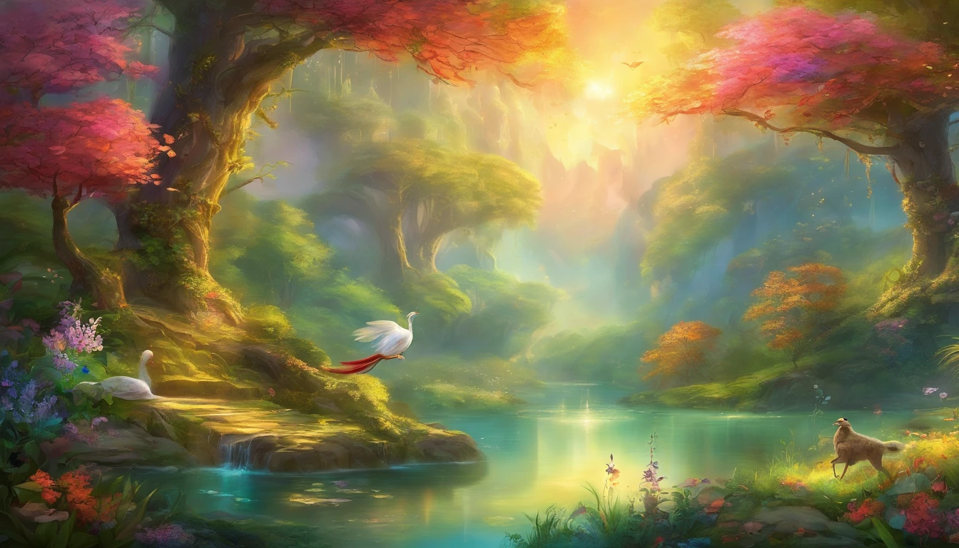 (best quality,4k,highres,masterpiece:1.2),ultra-detailed,(realistic,photorealistic,photo-realistic:1.37),stunning enchanted landscape full of magical details,sparkling Swarovski leaves gently swaying on exquisite trees,majestic flowers made of shimmering diamonds blooming in vibrant colors,graceful butterflies with crystal wings that glisten in the sunlight,dreamlike scenery bathed in warm and vibrant hues,luminous rays of sunlight filtering through the foliage,creating a magical atmosphere of enchantment and wonder,peaceful and serene environment that transports you to a world of fantasy and beauty,a surreal masterpiece of nature's majesty and opulence,where every detail is meticulously crafted with utmost precision and artistry,immersing you in a mesmerizing tapestry of sparkling gems and ethereal beauty,a breathtaking vista that captivates the senses and evokes a sense of awe and wonder,a place where dreams come alive and imagination knows no bounds",lush and verdant foliage that envelops the landscape in a vibrant green cloak,whispering melodies of nature serenading your every step,burbling brooks and cascading waterfalls that create a soothing symphony,wildlife flourishing in harmony with their magical surroundings,dancing in the gentle breeze,bringing the landscape to life with their vibrant colors and delicate movements,a true masterpiece that is a testament to the beauty and wonder of nature itself".