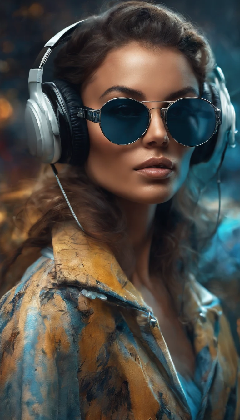 Perfect centralization, Um gatinho bonito por toda parte, Use uma jaqueta de estudante, wearing sunglasses, Usando fones de ouvido, Standing position, beleza abstrata, Centrado, looking at the camera, Facing the camera, nearing perfection, Dynamic, luar, altamente detalhado, pintura digital, art stations, Conceito-Arte, liso, foco nítido, 8k, high-definition resolution, illustration, arte de Carne Griffiths e Wadim Kashin, fundo cores vibrantes