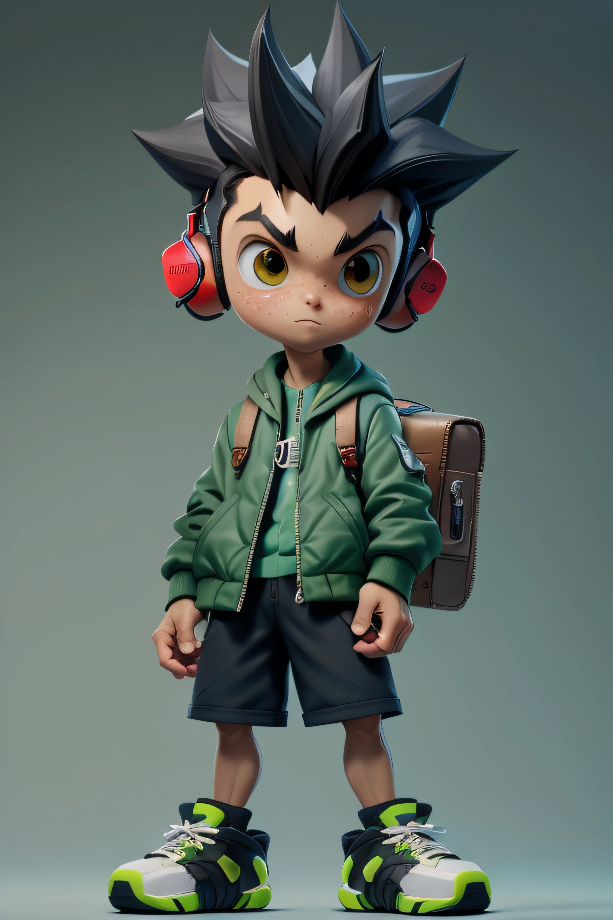 masterpiece, best quality, 8k, cinematic light, ultra high res, chibi, 1boy, shorts, black hair, headphones, bag, spiked hair, green jacket, shoes, brown eyes, (full body:1.2), freckles, standing,