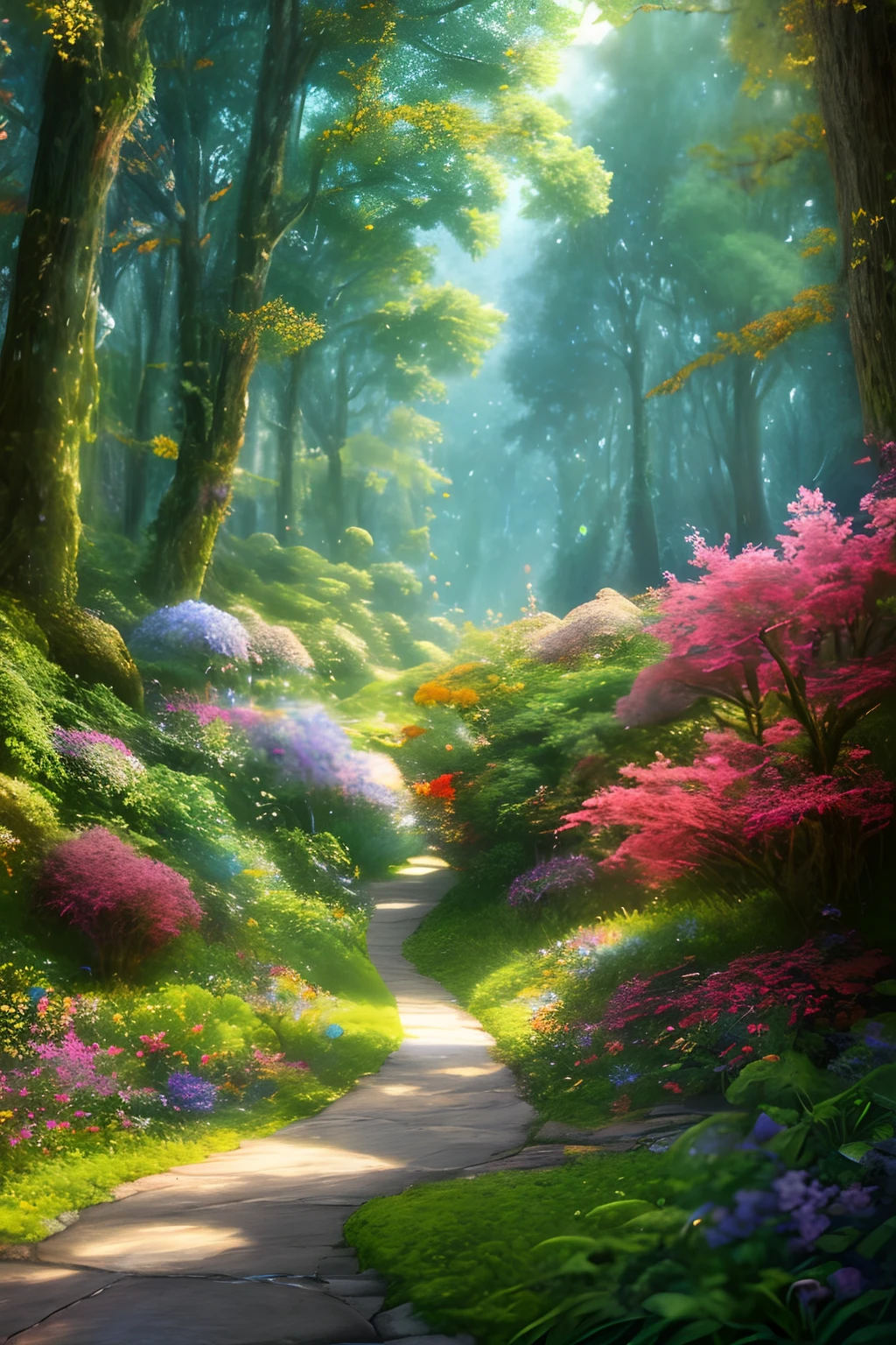 masterpiece, best quality, high quality,extremely detailed CG unity 8k wallpaper, An enchanting and dreamy scene of a fantasy forest, with towering trees, glowing mushrooms, and hidden fairy glens, creating a sense of mystique and enchantment, artstation, digital illustration, intricate, trending, pastel colors, oil paiting, award winning photography, Bokeh, Depth of Field, HDR, bloom, Chromatic Aberration ,Photorealistic,extremely detailed, trending on artstation, trending on CGsociety, Intricate, High Detail, dramatic, art by midjourney and way walk small dog