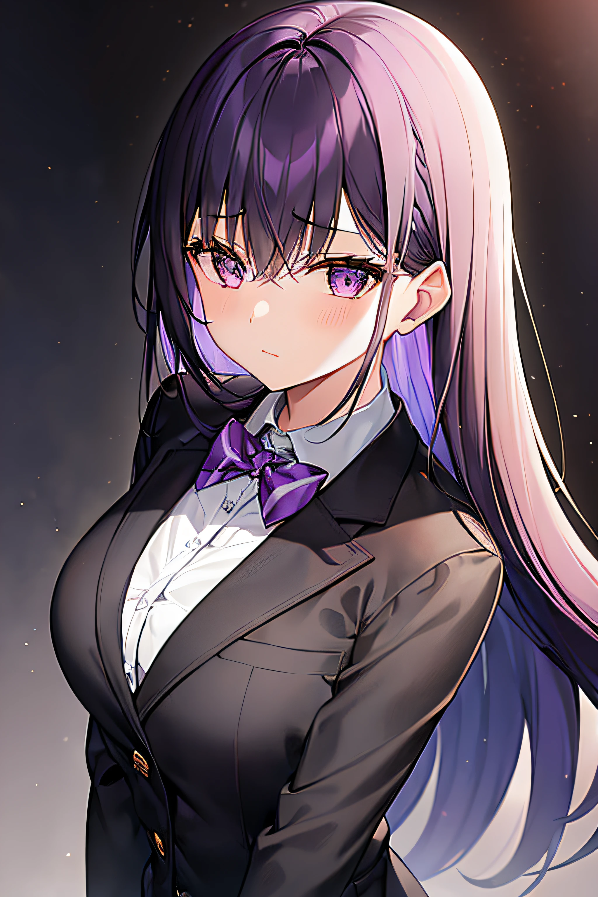 a girl with a dark purpled hair wearing black blazers and black fancy clothes