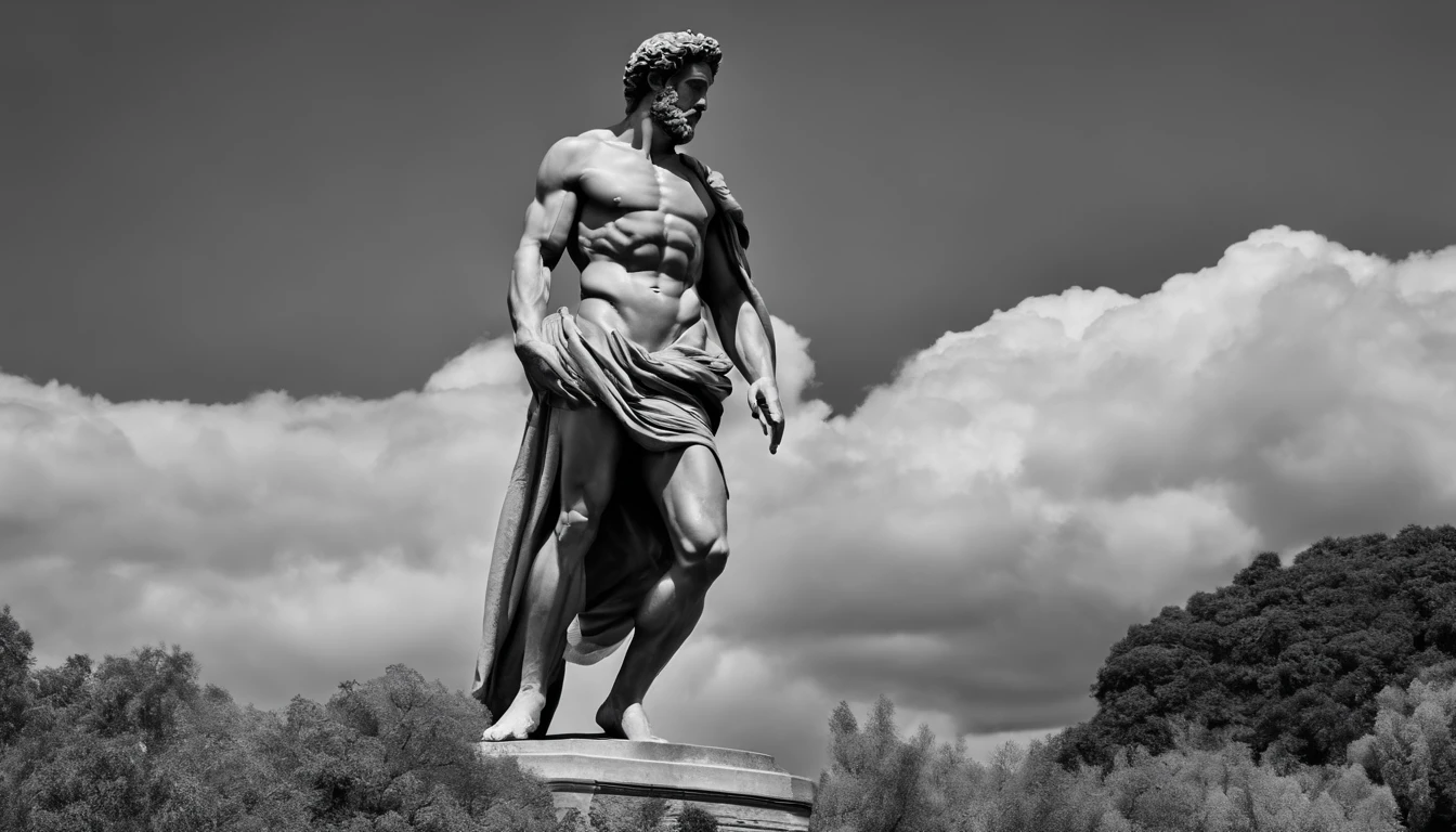 a full-length statue, forte,sem camisa, Marcus Aurelius muscle stoic in black and white 4K,Face de lado, papel de parede super realista