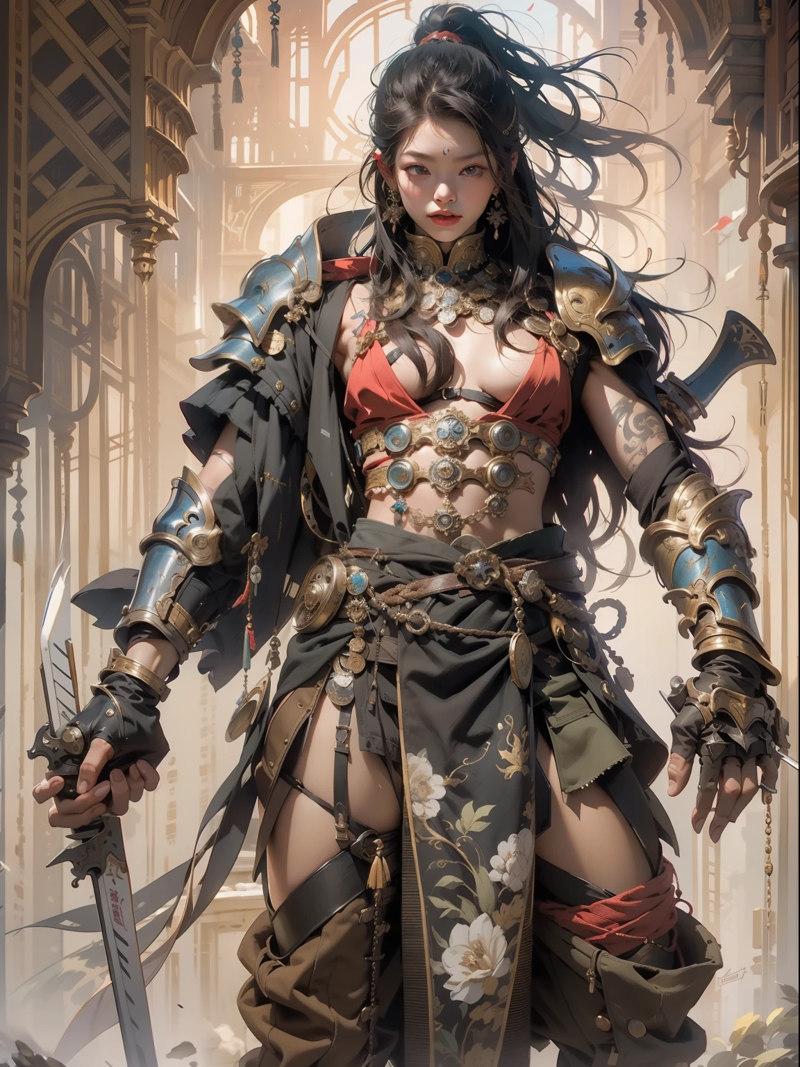 (((mtu))), (((best qualityer))), (((tmasterpiece))), (((AS-Adult))), ((( Japanese ))), Look up from your knees, Handsome Asian samurai,perfect body figure, Modern samurai, ((( Asian))), Wear gloves on your hands,The left arm is made of steel and metal tips,Made of protective devices, The eyes are pulled, (( Appears below the chest )), (( Small dental floss )), Simon Bisley, Almost naked(Simon Bisley)Castle City Wilderness,For high-resolution posters, hair straight, Minimum clothing, armure (Crazy clothes ), Full of tips and rivets, tribal tattoos, (((full bodyesbian))), Straight brunette hair,Colored hair ends