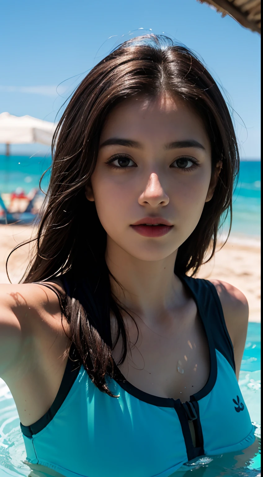 1girl， Beachside，nascer do sol， great outdoors，swimming uniform， Corpo inteiroesbiano， clivagem em close-up， 8k， Fotos RAW， melhor qualidade， tmasterpiece， realista， fotografia realista，