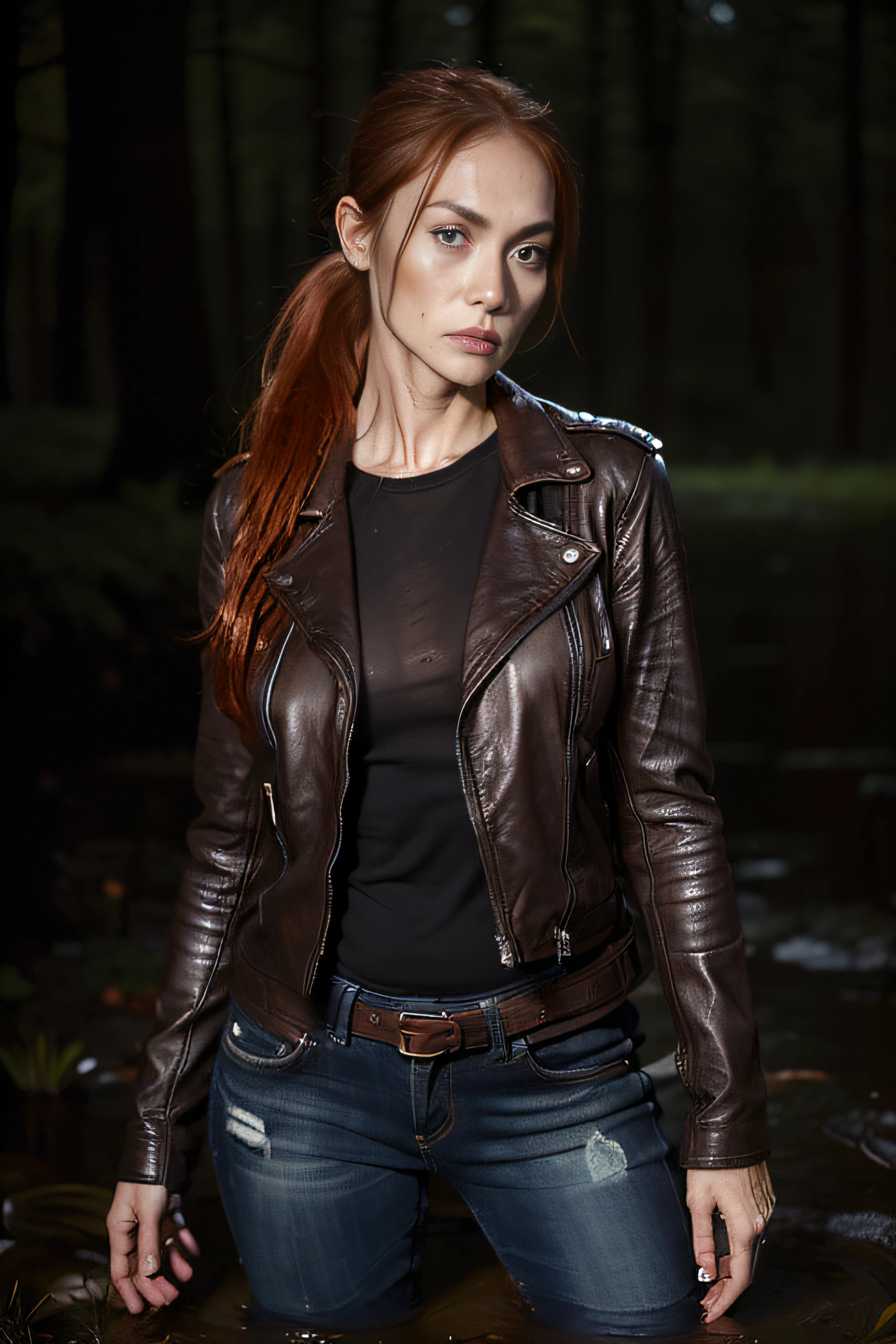Tormented by lust, A woman in jeans and a leather jacket was caught off guard in the woods at night, indulging in his sexual fetish of drowning in a swamp. Lust makes her plunge into the swamp up to her thighs. Her face is haggard and (dehydrated). She is perplexed and looks around in fright, But her reputation is ruined. There is pitch darkness all around, The light only comes from the camera's flash.
TAGS: night time, blurred background, (It's dark all around:1.7), (Light only from the camera:1.7). The woman, (Tormented by lust:1.6), wearing jeans, leather jacket, swamp, (stands, drowning in a bog:1.6), (Sexual fetish:1.3), fright, stunned, Looking around. (emaciated face:1.6), (dehydrated face:1.6), (Swelling:1.6), (Copper-red hair gathered in a ponytail:1.2), (Moral decay, Shattered reputation:1.2),