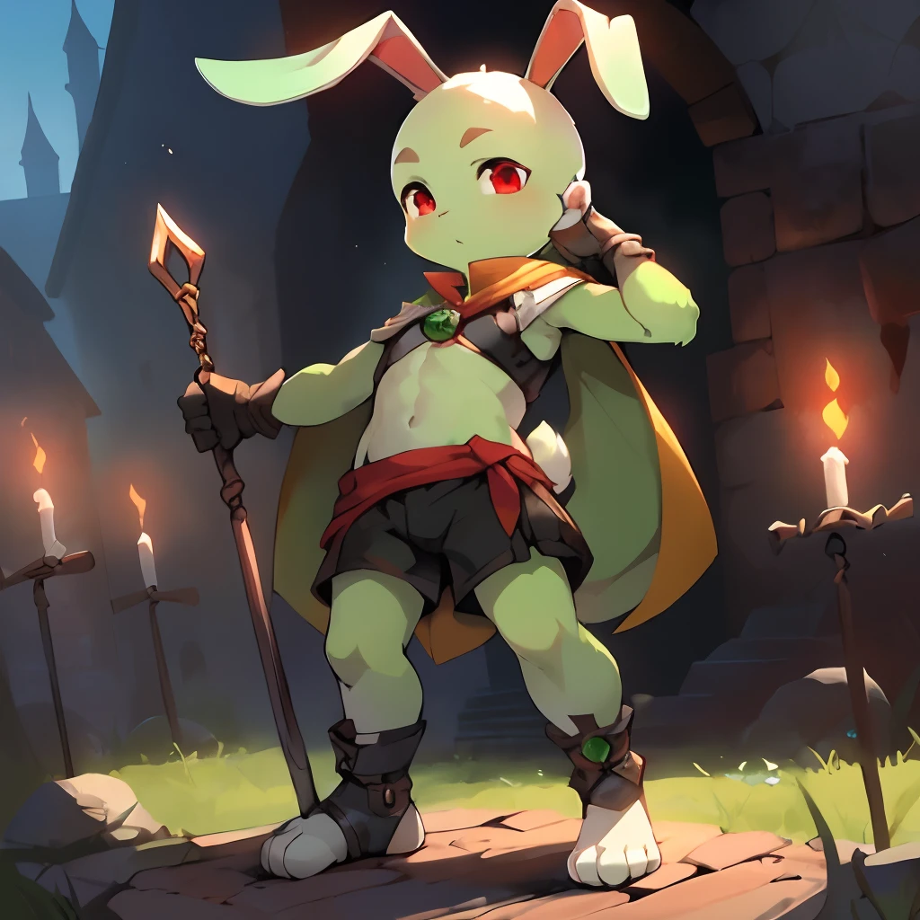Best quality,Masterpiece,(standing on your feet),((Black top)),(Black shorts),frontage,((bit girl)),((chiquita)),(Short stature),((Erect long ears)),((bald-headed)),(short hairs),((rabbit Body Features)),(rabbit Facial Features),(red eyes),(bunny tail),(White belly fur),Light green body hair,(Light green face),((Light green legs)),((White feet)),((black glove)),((Black ankle pads)),Long rabbit ears,((Medieval execution site background))