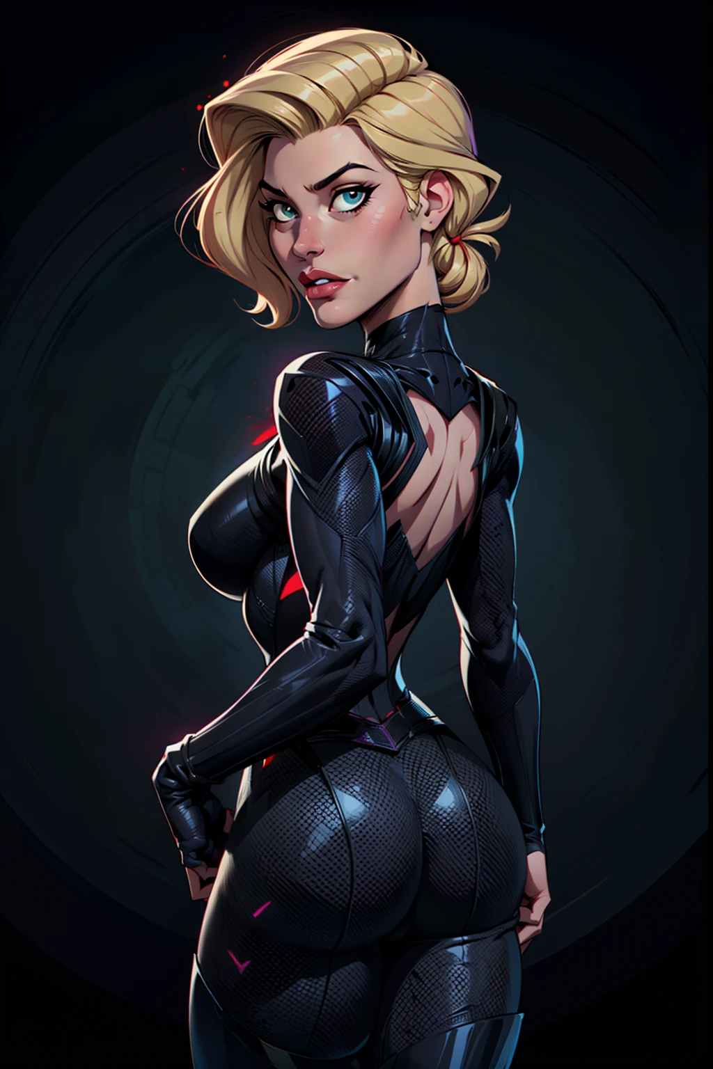 A cartoon of a blonde woman in a black widow suit, (((whole body view))), (((back vision))), (((SEM OLHAR PARA O OBSERVADOR))), Gwen Stacy, black canary, invisible woman, Retrato de Emma Frost, betty cooper, Emma Geada, personagem de quadrinhos, ((Black Widow)), color digital illustration, ((fundo CLARO E BONITO: 1.2)), (((fundo luminoso))), (((linhas e contorno DEMARCADos))), Commission for High Res,  INSPIRADO EM  j. Scott Campbell, estilo desenho animado, arte linear, clear lighting