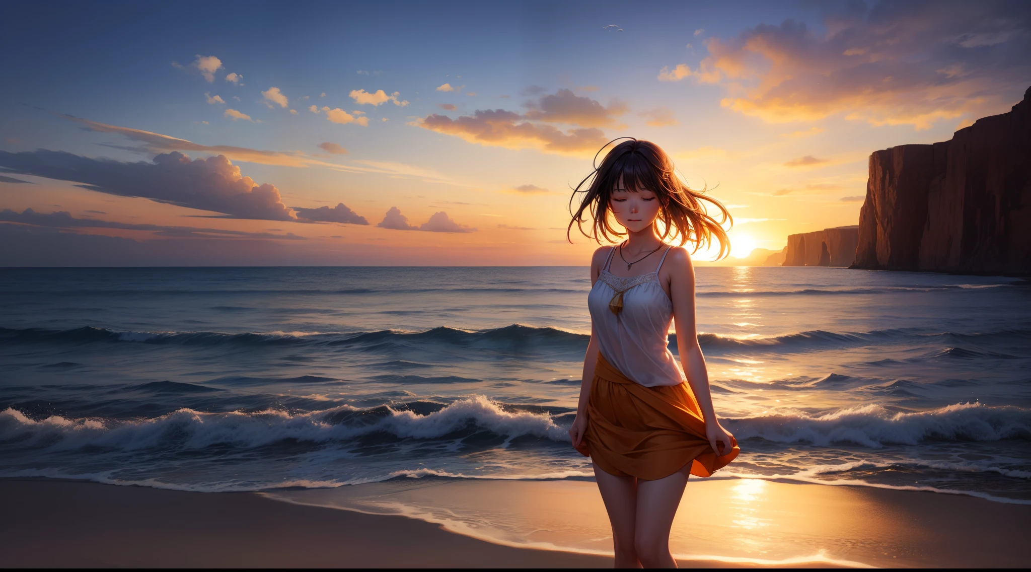 Imagine a photo of the seashore at sunset, The sky is full of beautiful colours, with red, orange and yellow blending together to form a stunning painting, The sun shines with its sparkling golden rays and reflects those beautiful colors on the calm surface of the water, She feels the gentle wind blowing her hair and touching the girl's face, Inhale the refreshing scent of salt and listen to the sounds of the waves gently lapping the shore, You see birds flying in the sky and dancing over the water, illuminated by their bright colors, She sits on the soft sand and feels peace and calm filling her heart, Feel in harmony with nature and feel like time stops in this magical moment, She enjoys the calm and peace that surrounds her, and feels happy and comfortable in this magical place, 8k, high quilty, realistic, beautiful realistic, Cool details, raw photo, Light and cool lighting, photo realistic, Cel shaded, Gel lighting, ultra details