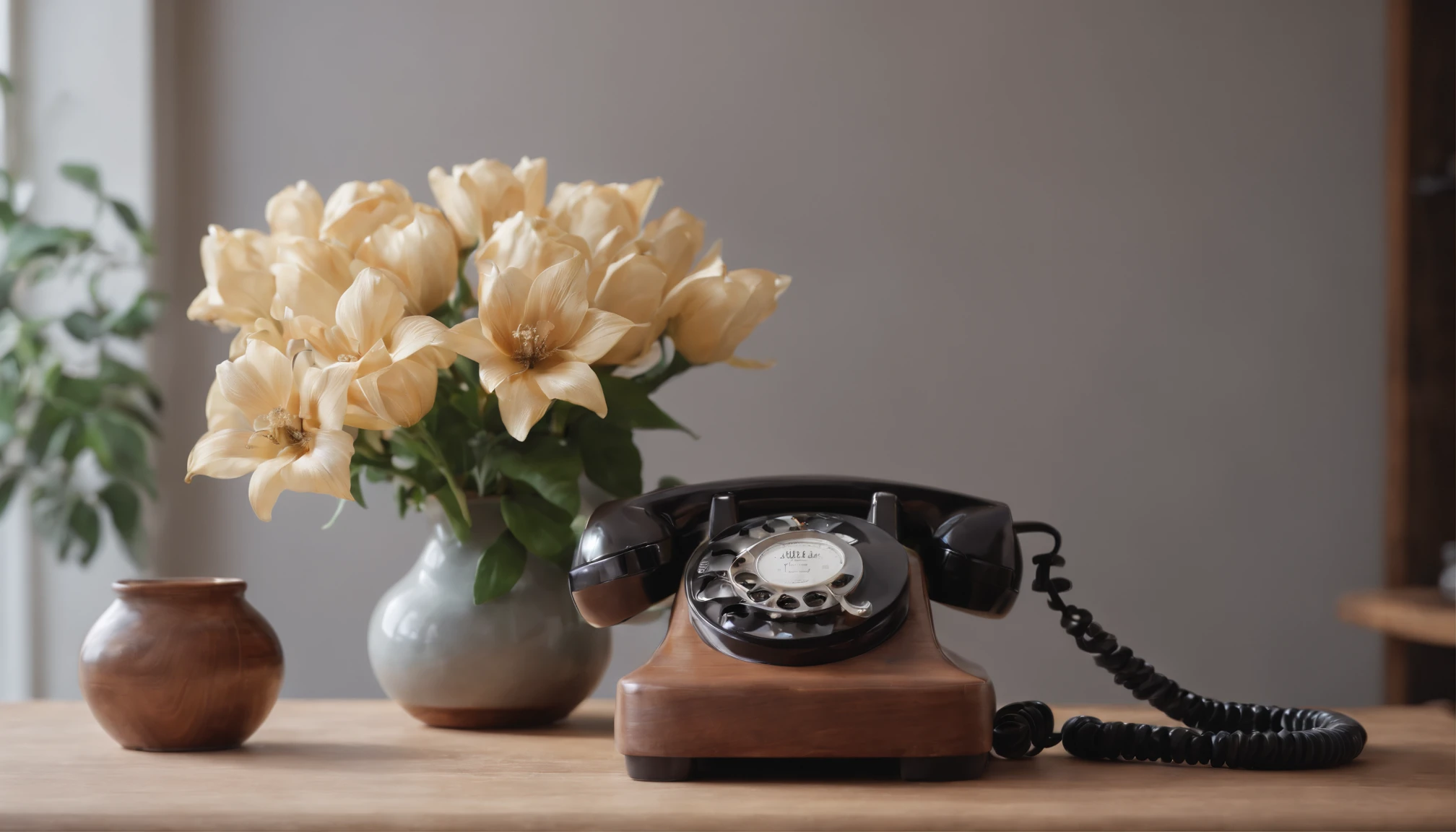 A table with polished wooden finish, a ceramic flower vase and an old telephone on the table top, octane render