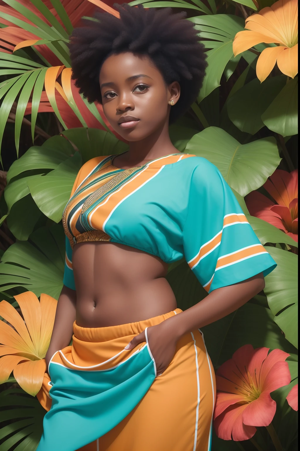 uma africana africana pele marrom escura:2, olhos verdes cintilantes:2, pose pra foto, chuva:5, parque, mega hair cabelos longos4, flores, imagem intrigante cores vividas, vestido florido, sapatos brancos, Sharp image, rosto de modelo, 8k, imagem profissional, iso100, lago, blue skies, moda atual