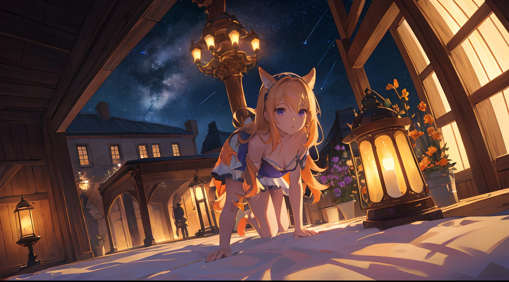 vaste photographie de paysage, (a view from below that shows sky above and open field below), une fille debout sur un champ de fleurs regardant vers le haut, (pleine lune: 1.2), (shooting stars: 0.9), (nebula: 1.3), montagne lointaine, arbre BREAK art de production, (warm light source: 1.2), (Firefly: 1.2), lampe, lot of purple and orange, intricate high detail, volumeric lighting, realism BREAK (master piece: 1.2), (beste-Qualit), 4K, ultra-detailed, (composition dynamique: 1.4), highly detailed, colorful details, ( couleurs iridescentes: 1.2), (glowing lighting, moody lighting), dream-like, magique, (solo: 1.2)