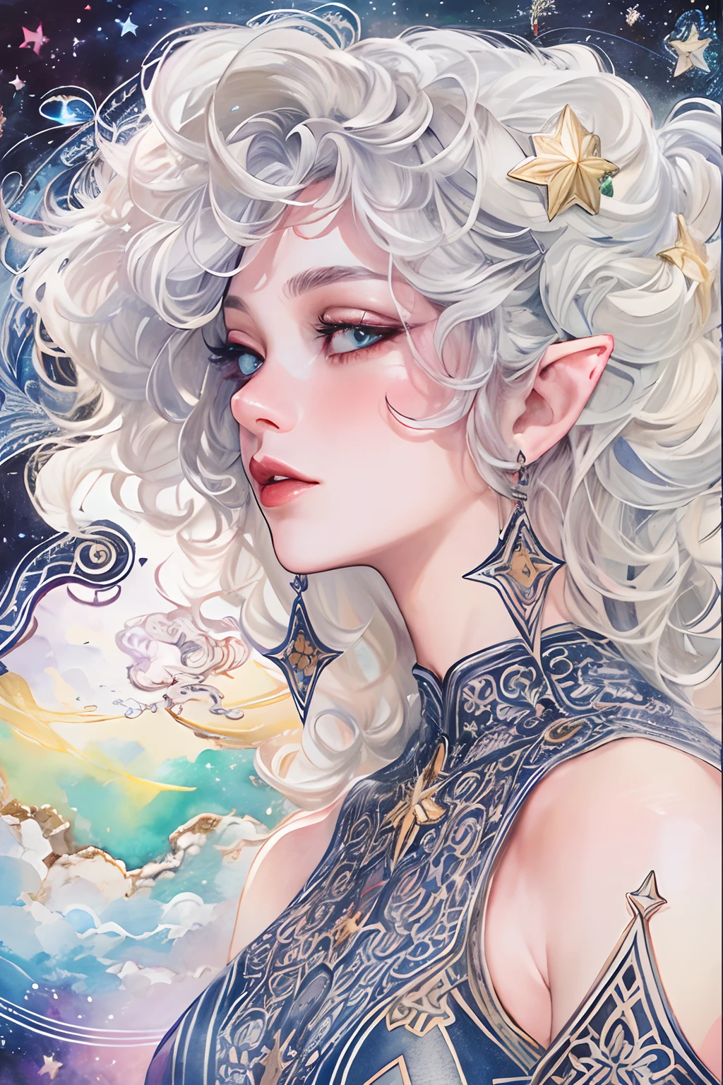 (tmasterpiece、top-quality、top-quality、watercolor paiting(curly)、offcial art、aestheticly pleasing:1.2)、(1girl in:1.3)、(Fractal art:1.3)、The upper part of the body、From the side Side、looking at viewert、patterns、(colorfulhair、Half-blonde，Half of the hair is silver:1.2)、Eau、liquids、​​clouds、Extremely colorful、starrysky、stone monument、tarot cards，the elf，lipsticks，Ruddy complexion，The eyes are as bright as the stars，Purple eye，