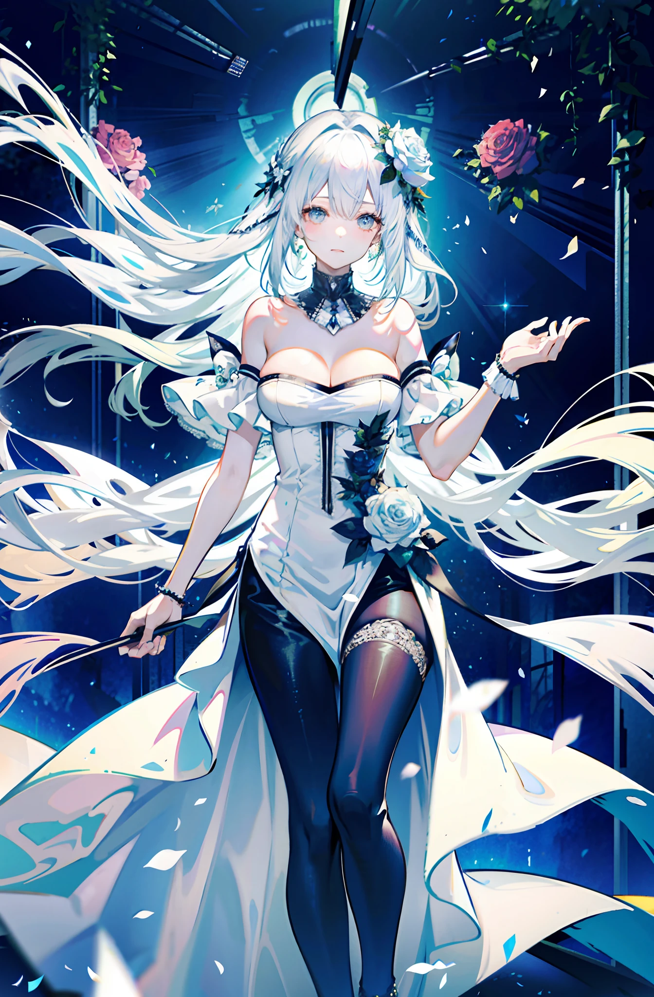 silber hair,butterflys,long whitr hair,8k wallpaper,Highest high resolution,deep v big breasts,Hair over eyes,Bandeau,Bandeau wedding dress,White rose,tight-fitting,stocklings,