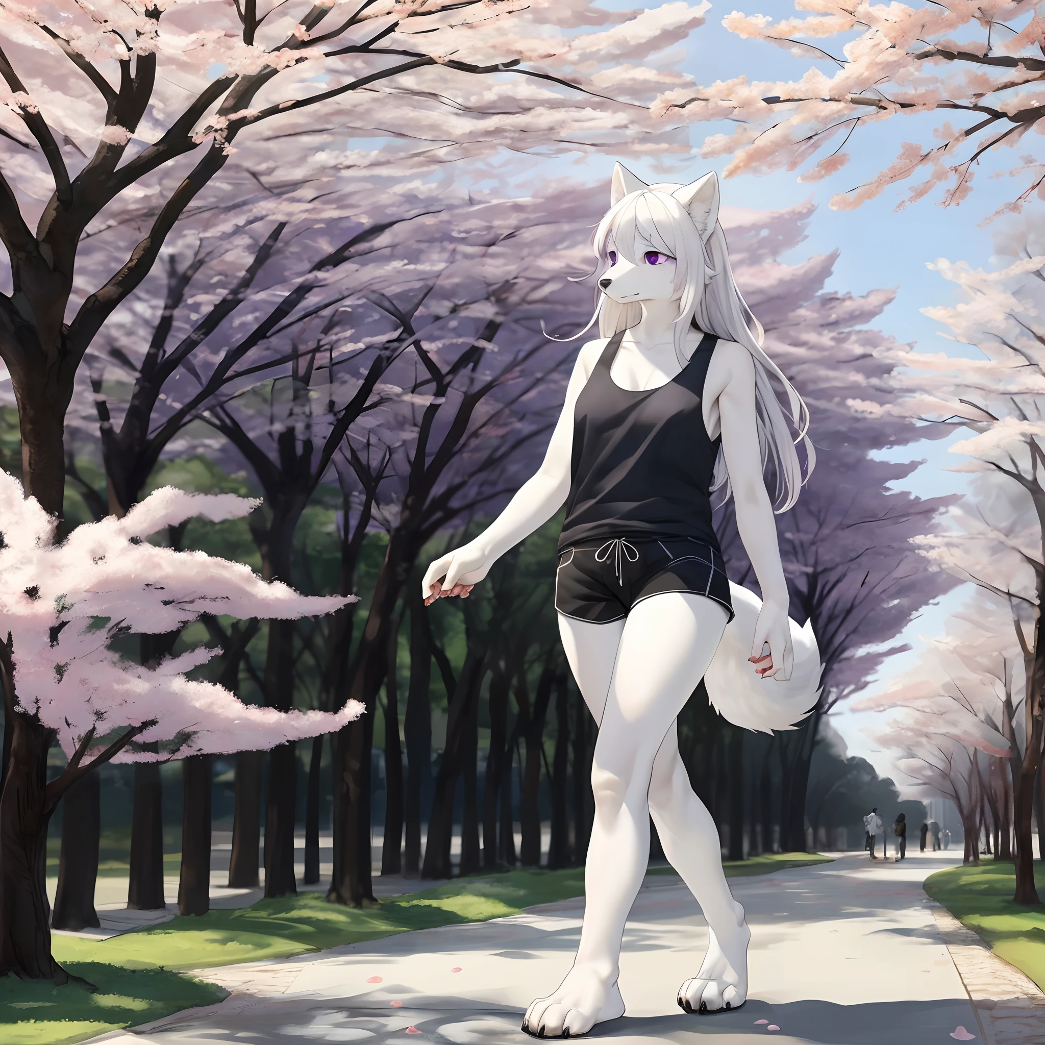 An all white furry anthropomorphic wolf girl, long white hair, purple eyes, black nose, cute snout, serious face, barefoot, paws, paw claws, white wolf tail, wearing black tank top, black short shorts, thick thighs, by gudlmok99, by sleepiness18, walking in a park, cherry blossom trees, lotus petals falling from the sky, windy day, solo:1.1