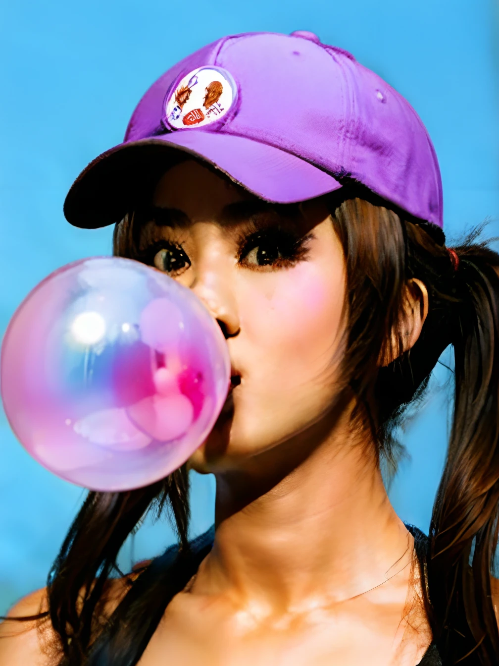 1girl, large breasted asian woman in a baseball uniform posing for a picture, young skinny gravure idol, japanese model, ayaka, young pretty gravure idol, ayaka cosplay, deayami kojima, 奈良美智, gorgeous young korean woman, young gravure idol, korean women's fashion model, of a youthful japanese girl, pony tail, (bodybuilder), sideways baseball cap with logo, inflated bubble gum, happy, smiling