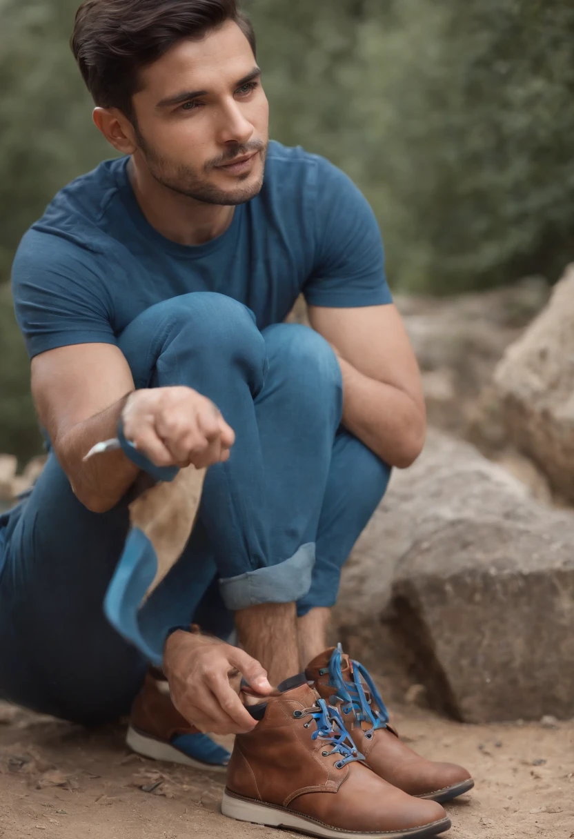 arafed image of a man holding a shoe with a blue shoelace, a portrait inspired by Kailash Chandra Meher, cg society contest winner, cobra, advertising photo, product advertisement, photography shot, advertising photography, salomon, official product photo, ad image, promo image, advertisement photography, cover shot, sneaker photo, running shoes, eng kilian