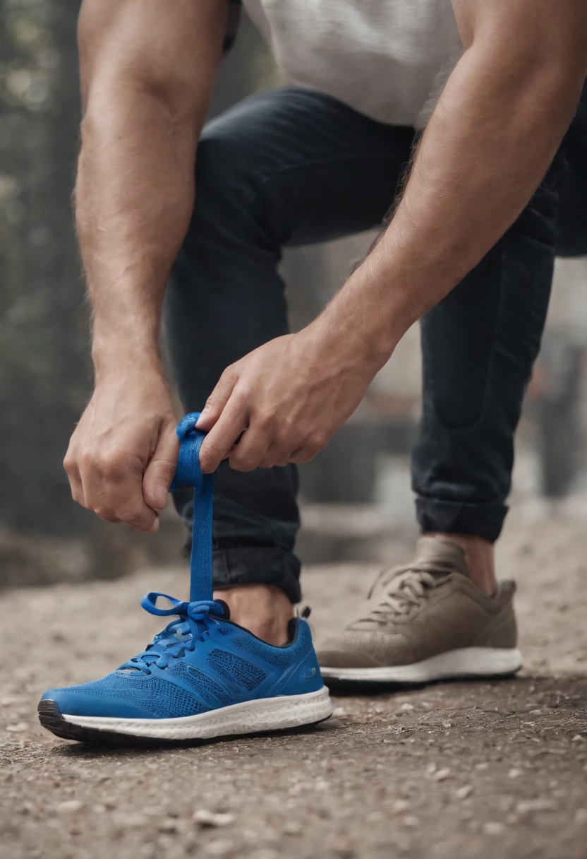 arafed image of a man holding a shoe with a blue shoelace, a portrait inspired by Kailash Chandra Meher, cg society contest winner, cobra, advertising photo, product advertisement, photography shot, advertising photography, salomon, official product photo, ad image, promo image, advertisement photography, cover shot, sneaker photo, running shoes, eng kilian