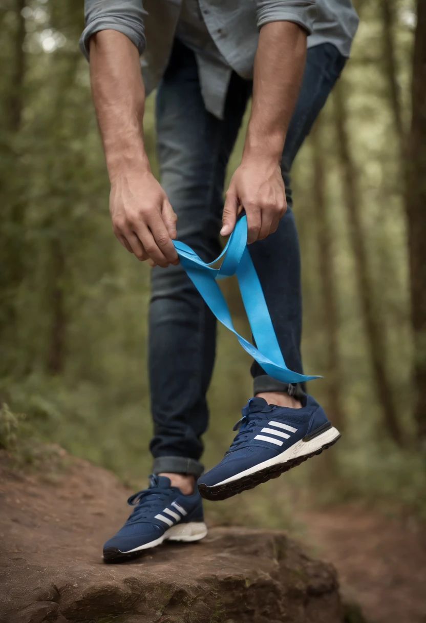 arafed image of a man holding a shoe with a blue shoelace, a portrait inspired by Kailash Chandra Meher, cg society contest winner, cobra, advertising photo, product advertisement, photography shot, advertising photography, salomon, official product photo, ad image, promo image, advertisement photography, cover shot, sneaker photo, running shoes, eng kilian