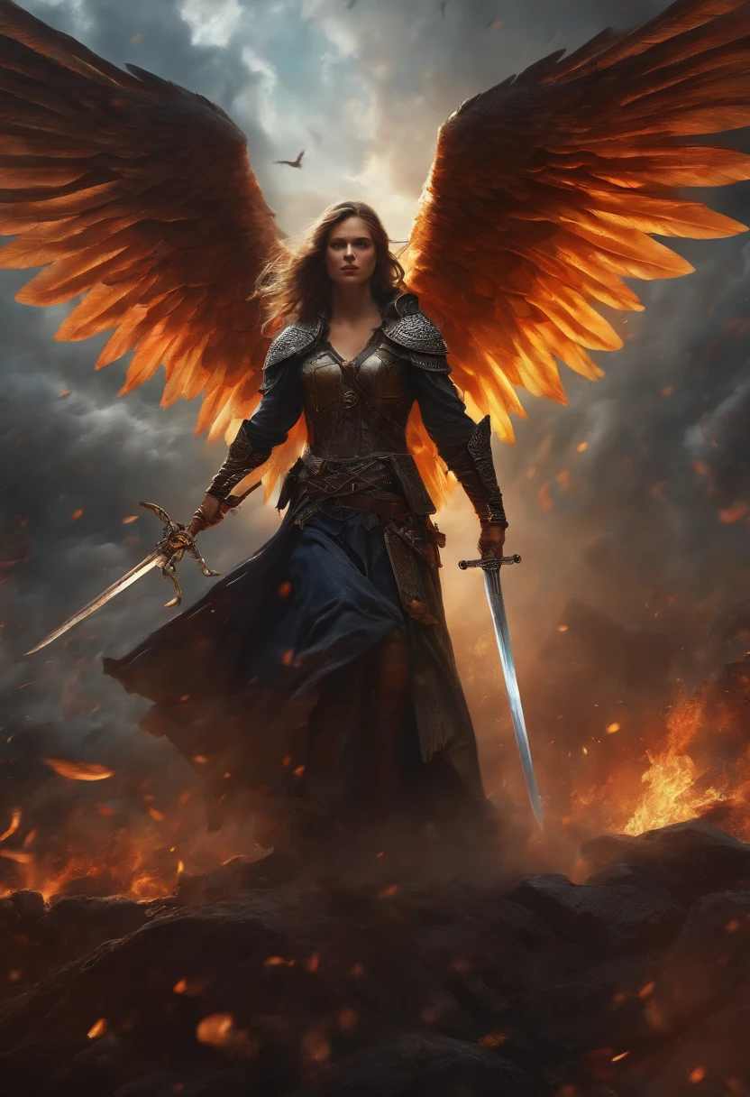 (best quality,4k,ultra-detailed,realistic:1.2),a men with large wings, a sword, a hood over her head in the background of a war (chaos),oil painting style, vibrant colors, dramatic lighting