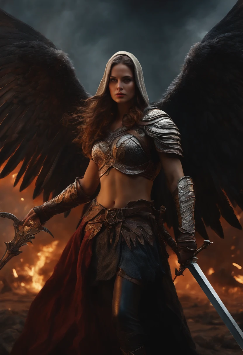 (best quality,4k,ultra-detailed,realistic:1.2),a men with large wings, a sword, a hood over her head in the background of a war (chaos),oil painting style, vibrant colors, dramatic lighting
