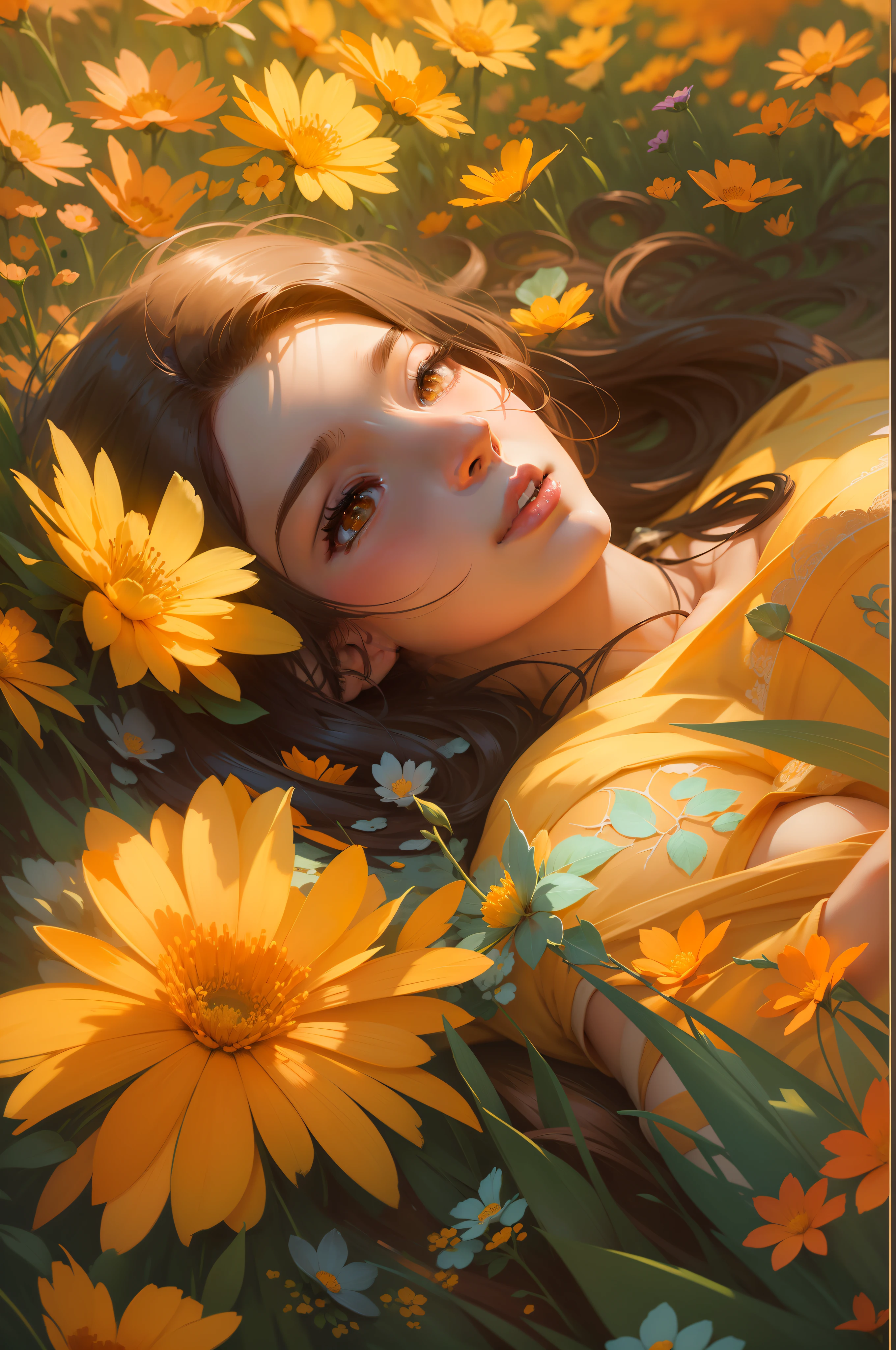 a close-up of a woman lying down in a field of flowers, artwork in the style of guweiz, orange-yellow ethereal, beautiful digital artwork, by Yang J, beautiful digital painting, beautiful digital illustration, beautiful digital art, girl in a bed of flowers, beautiful gorgeous digital art, guweiz masterpiece, dreamy art, digital art picture