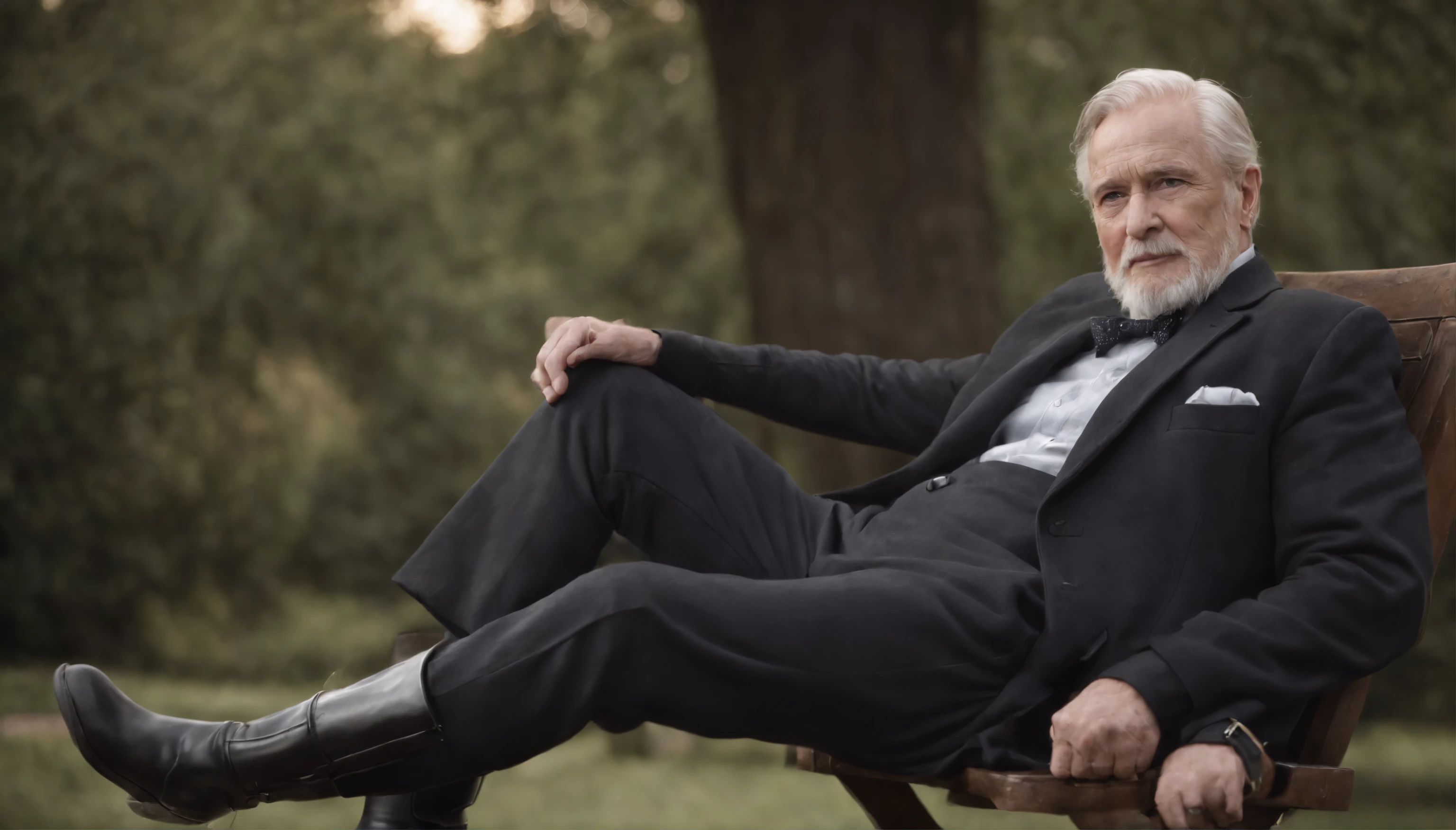 Old gentleman with a goatee,sit on chair,Eyes look at boots,Black high-gloss rain boots, 8K分辨率,Wallpaper masterpiece,Best quality,digitial painting,Highly meticulous,Ultra high quality
