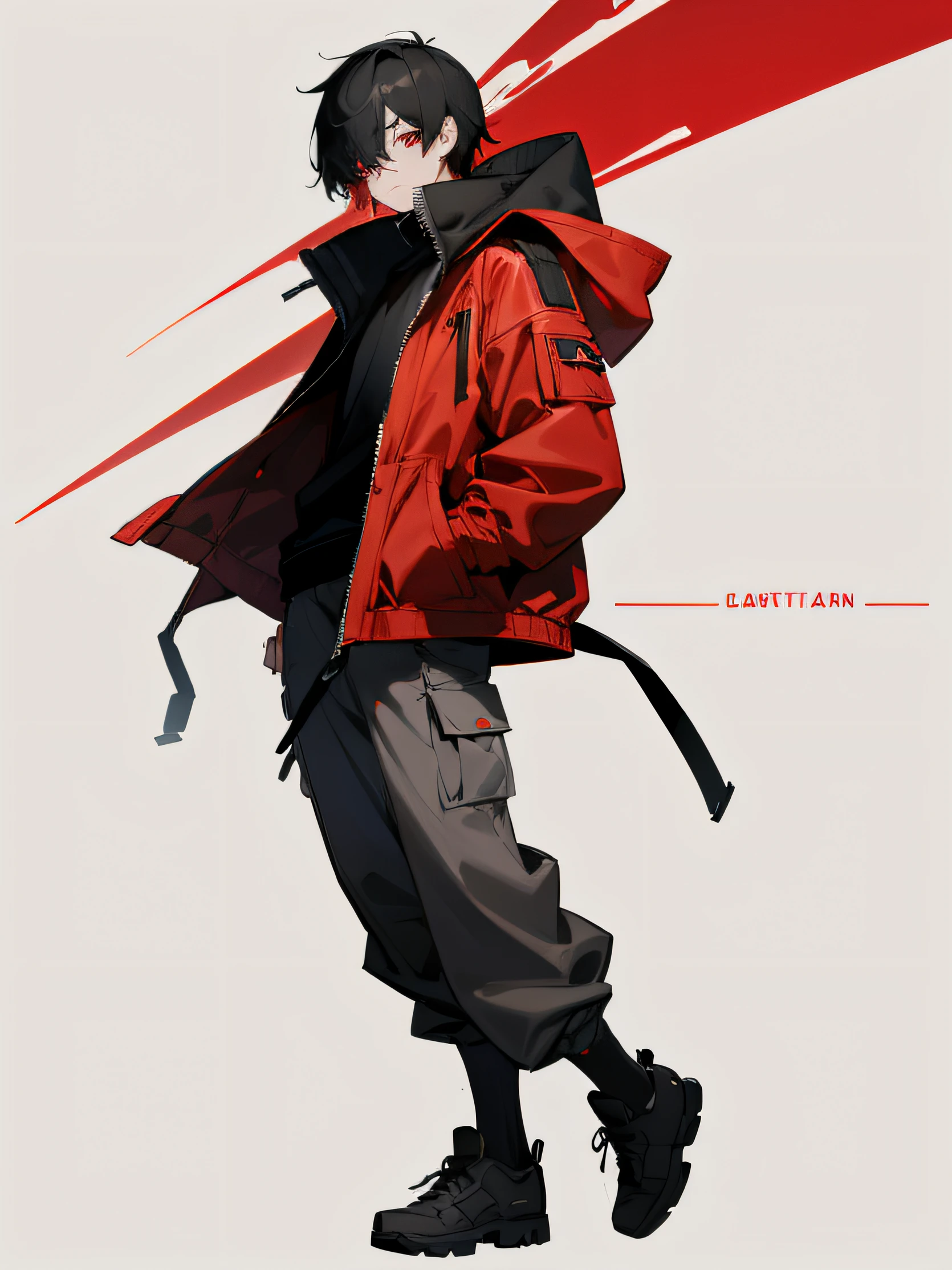 1 guy, short black hair, left eye red, right eye golden, wearing a dark gray parka with red accent, cargo pants, no background, high res, ultrasharp, sharp outline, full body