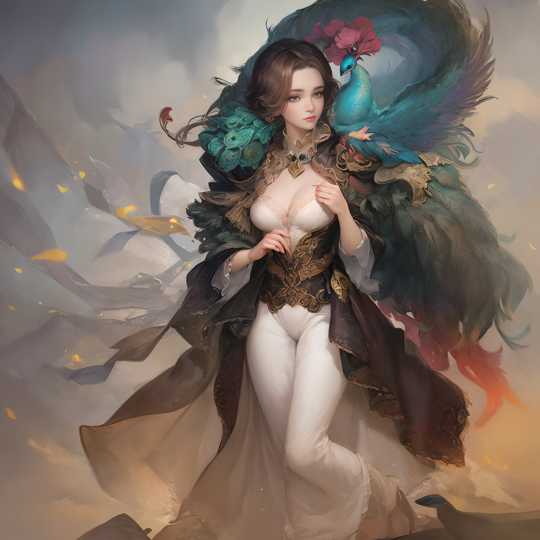 A woman with a peacock walks along the path, Artstyle: Tom Bagshaw, beautiful illustration, digital art of an elegant, Artgerm and Tom Bagshaw, Ghibli Tom Bagshaw, tom bagshaw style, based on Art Fram, beautiful digital illustration, elegant digital painting, stunning digital illustration, exquisite digital illustration