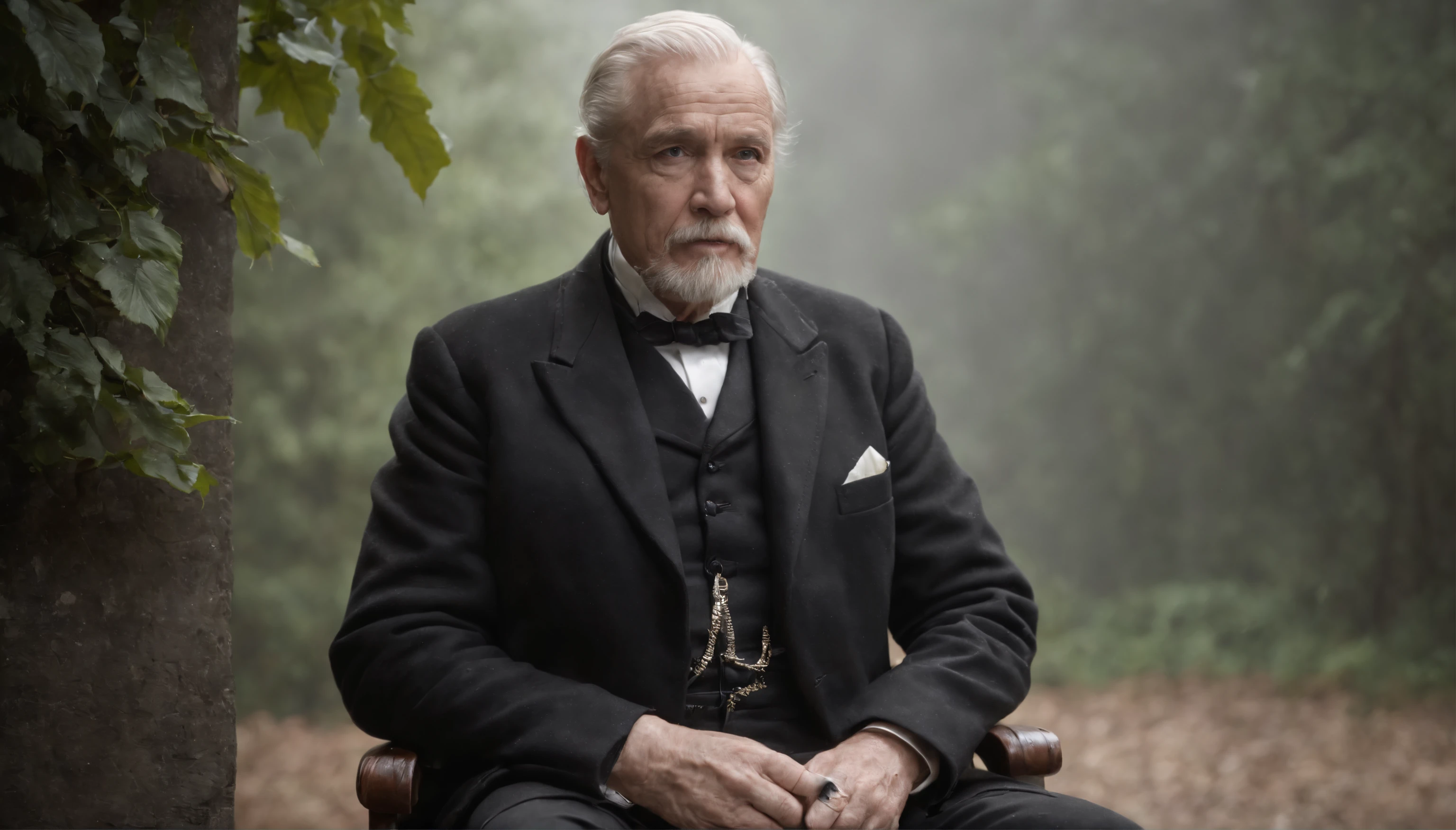 Old gentleman with a goatee,sit on chair,Eyes look at boots,Black high-gloss rain boots, 8K分辨率,Wallpaper masterpiece,Best quality,digitial painting,Highly meticulous,Ultra high quality